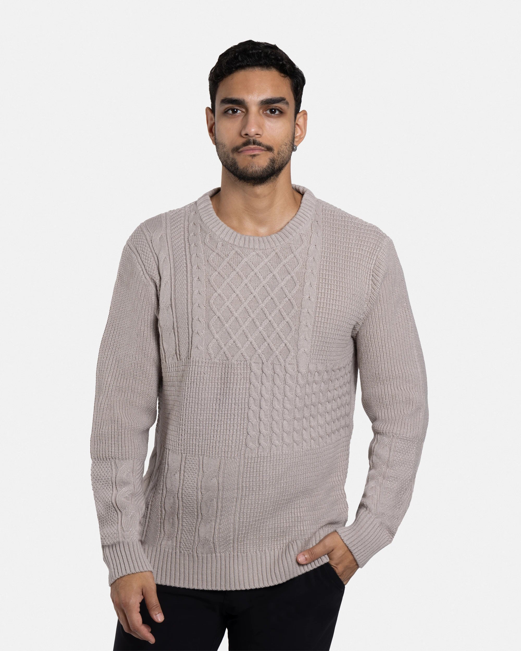 X RAY Men's Crewneck Mixed Texture Cable Knit Sweater