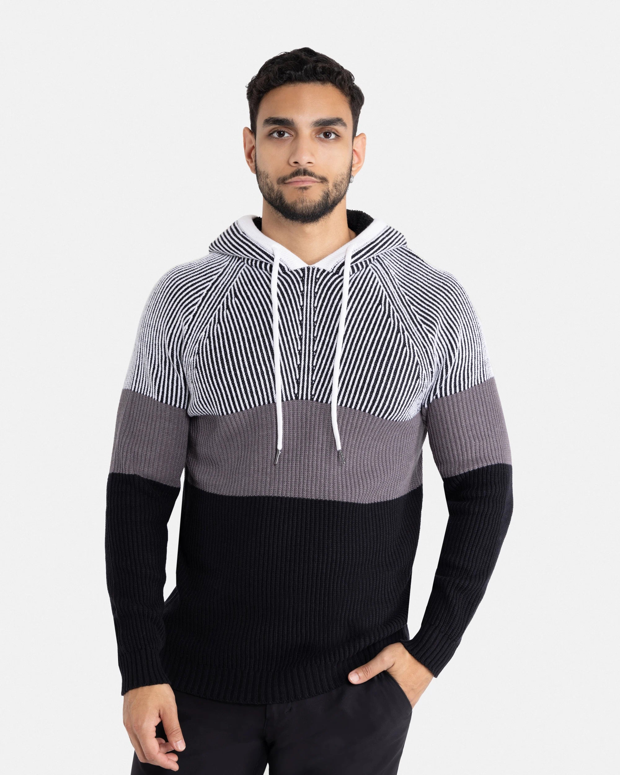 X RAY Men's Rib Knit Color Block Pullover Hooded Sweater