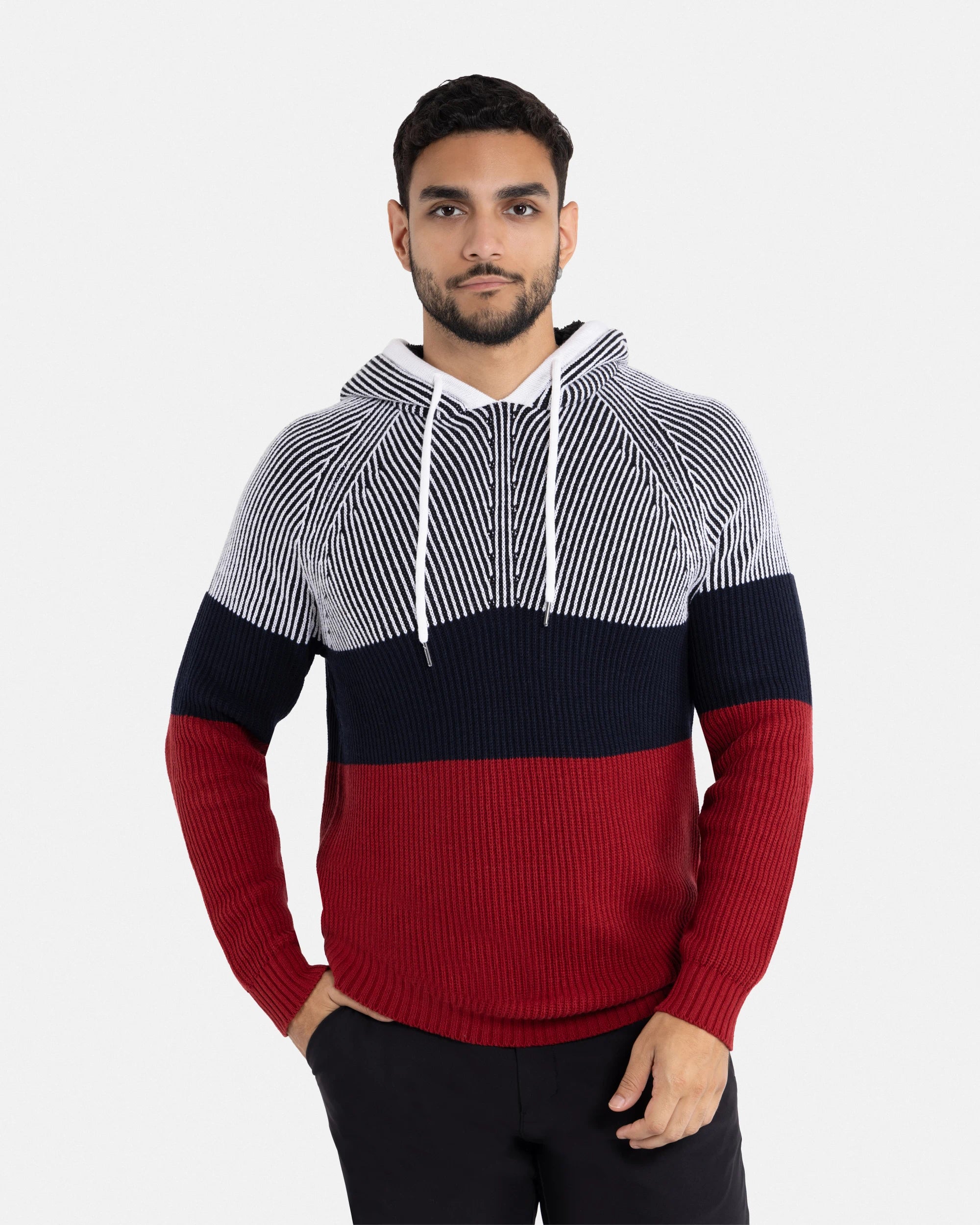 X RAY Men's Rib Knit Color Block Pullover Hooded Sweater