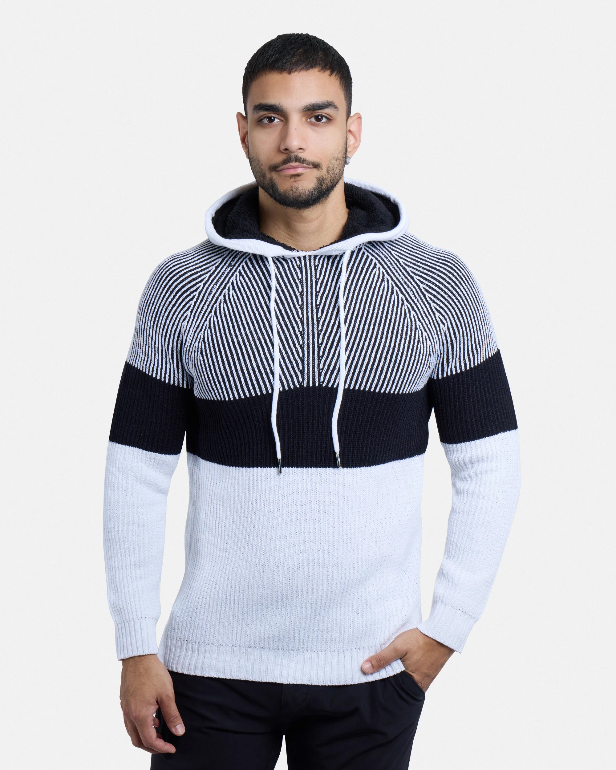 X RAY Men's Rib Knit Color Block Pullover Hooded Sweater