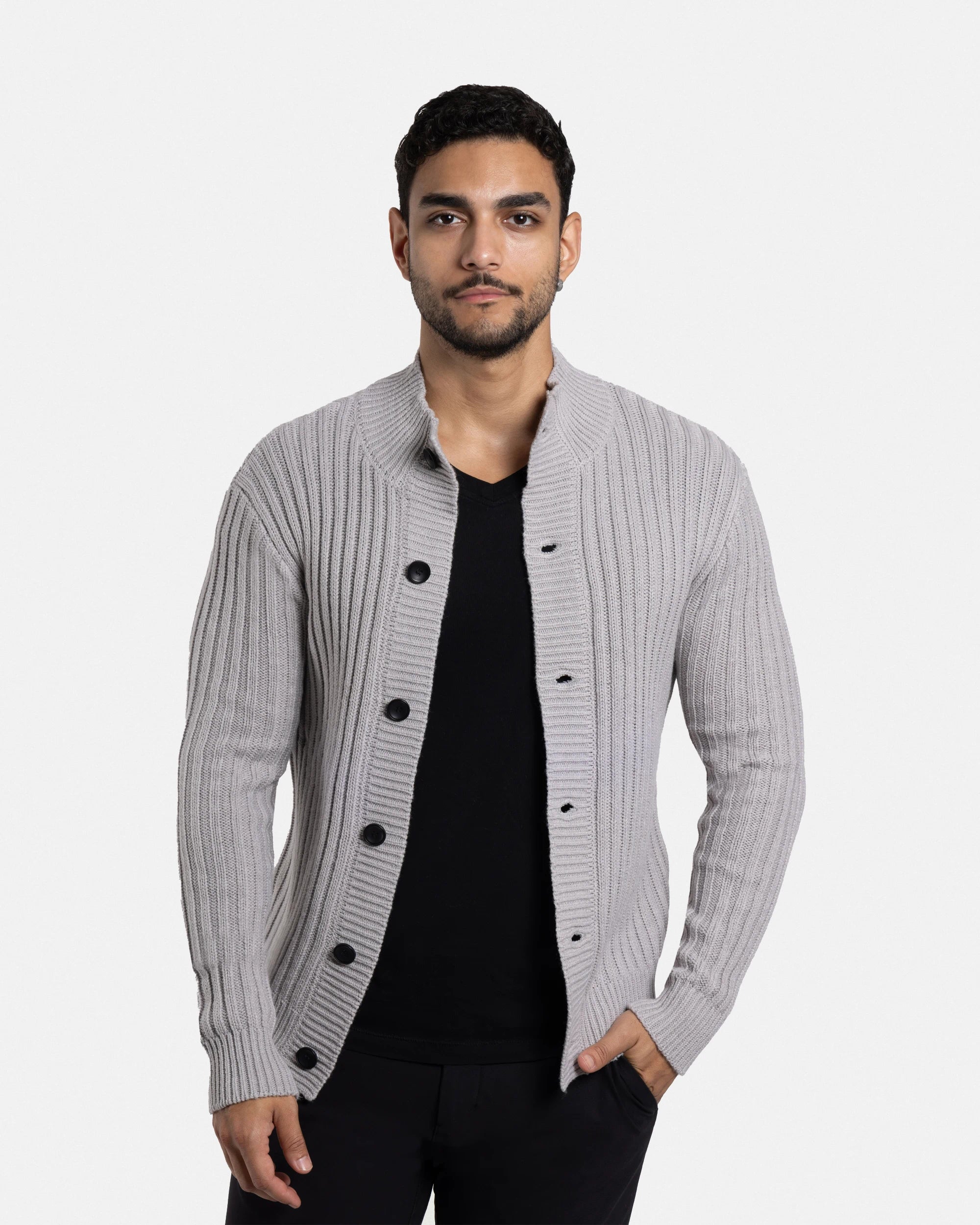 X RAY Men's Stand Collar Button Ribbed Cardigan
