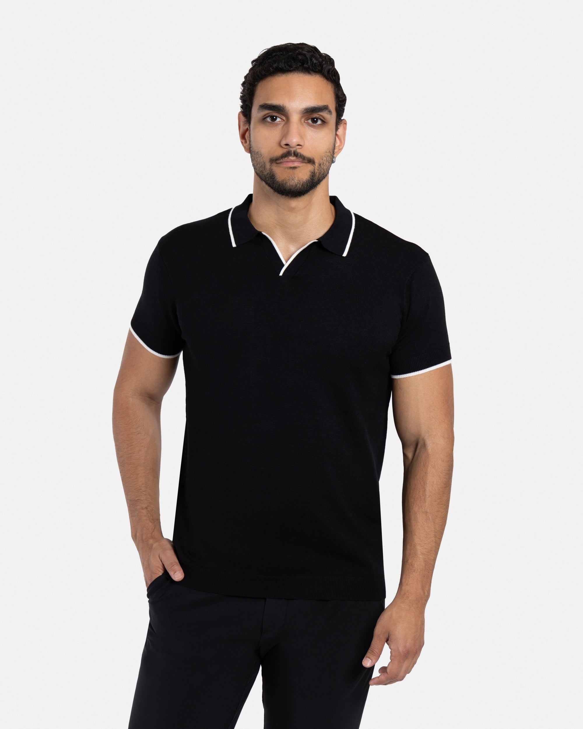 XRAY JEANS Men's Tipped Johnny Collar Knit Short Sleeve Polo Sweater