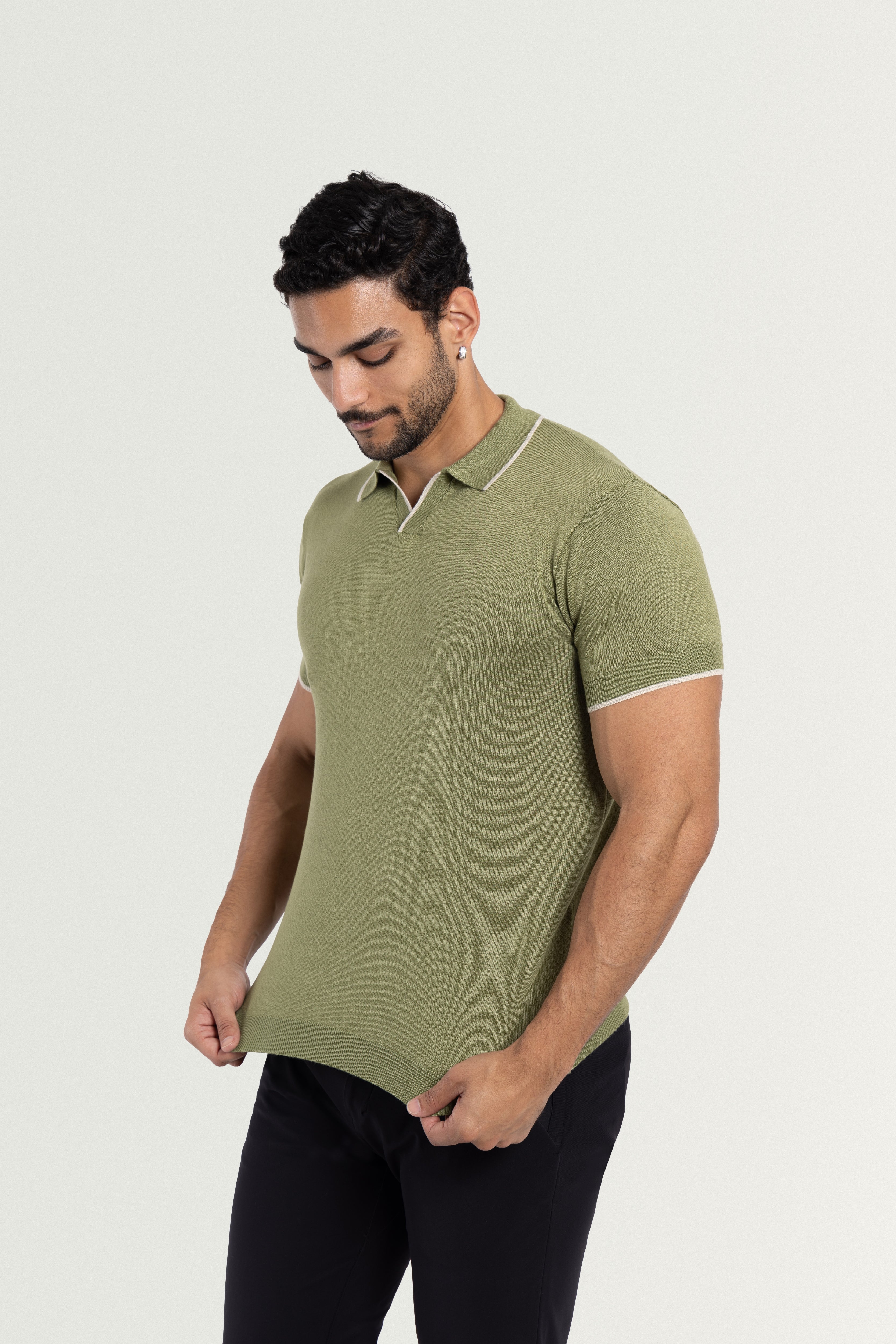 【BAON】[unisex] Ogen Collar Over Knit XRAY JEANS Men's Tipped Johnny Collar Knit Short Sleeve Polo
