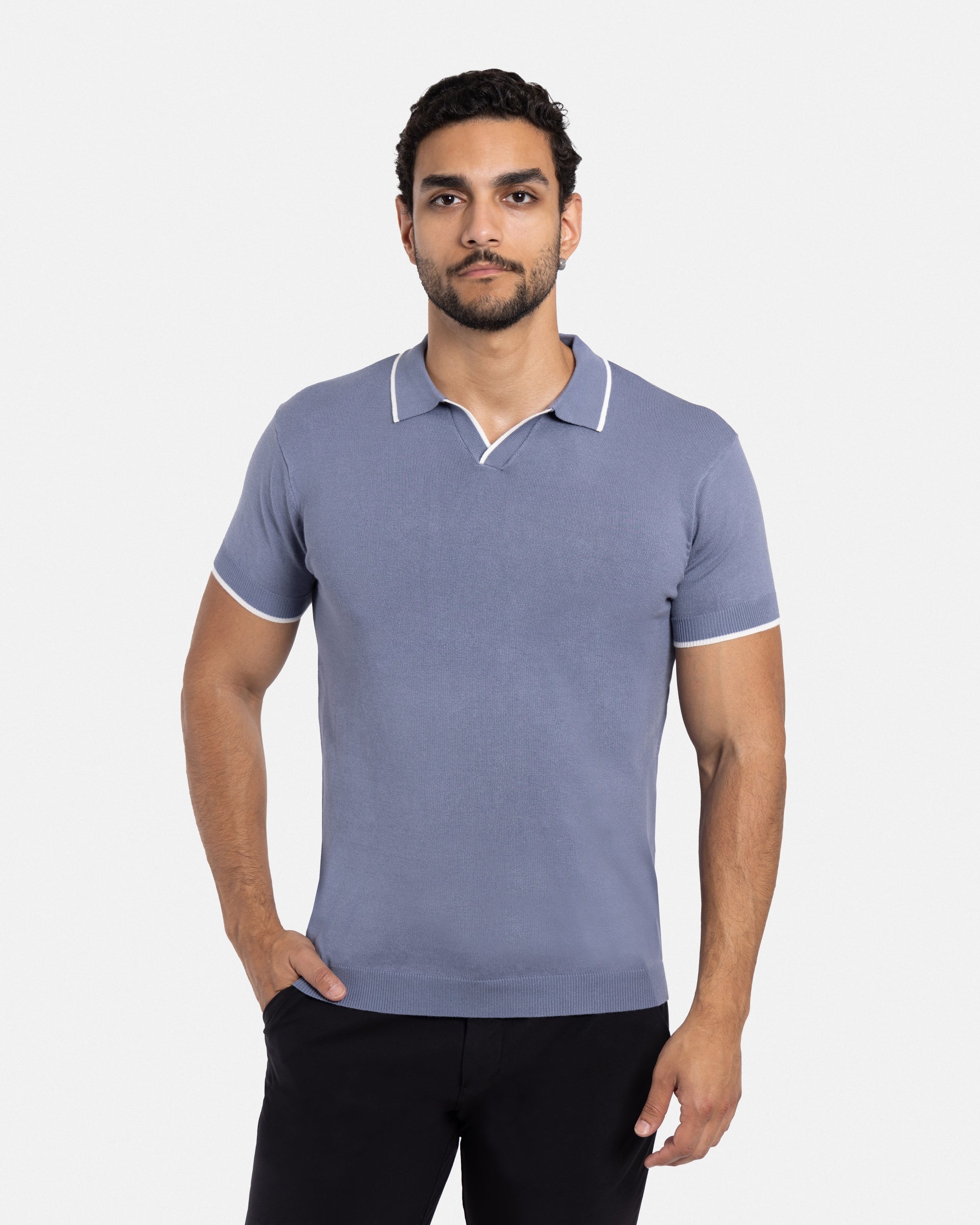 XRAY JEANS Men's Tipped Johnny Collar Knit Short Sleeve Polo Sweater