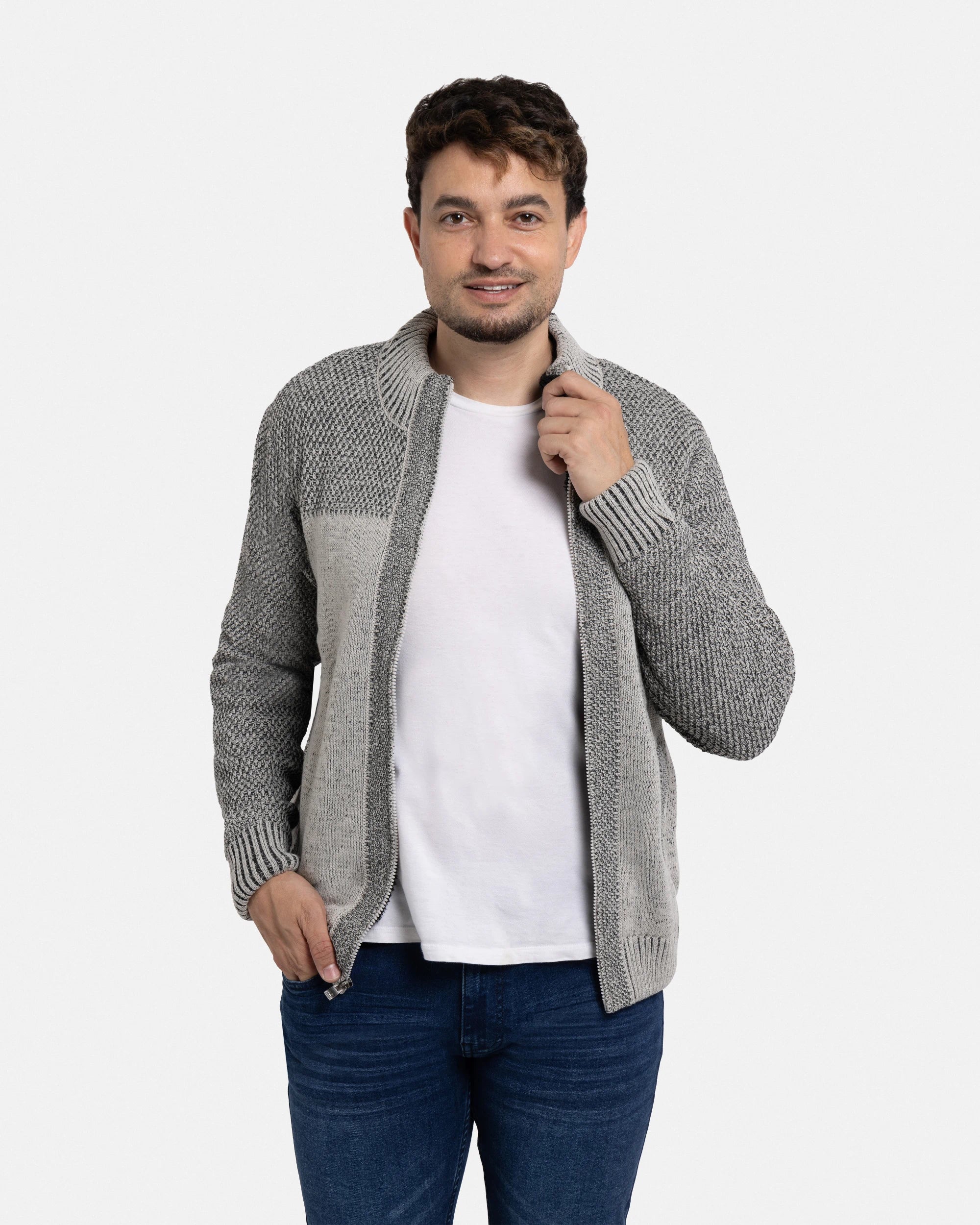 X RAY Men's Color Blocked Knitted Full Zip Up High Neck Sweater Jacket