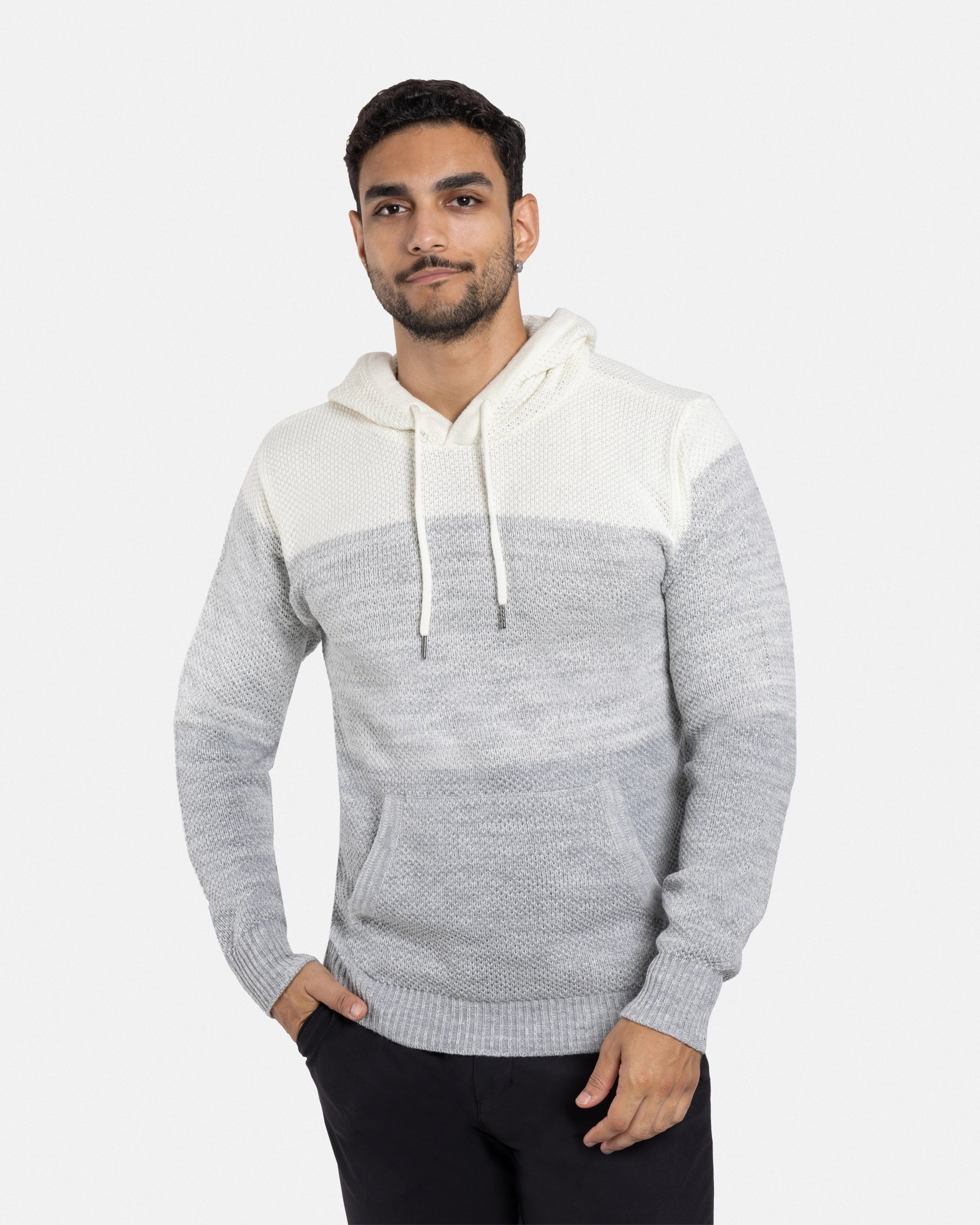 #XMW-39066 Colorblock Knitted Pullover Hooded Sweater