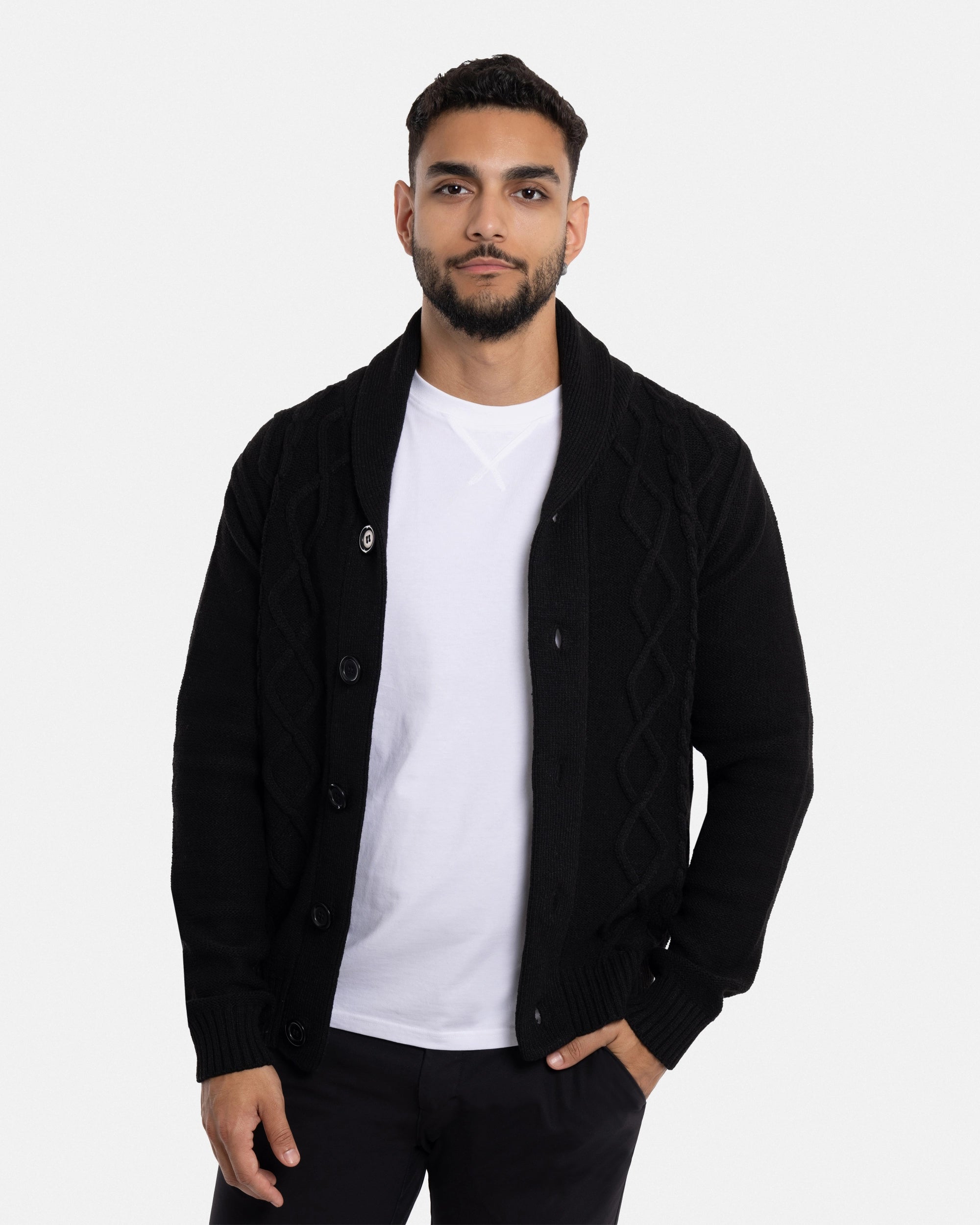 X RAY Men's V-Neck & Shawl Collar Cable Knit Button Down Cardigan Sweater