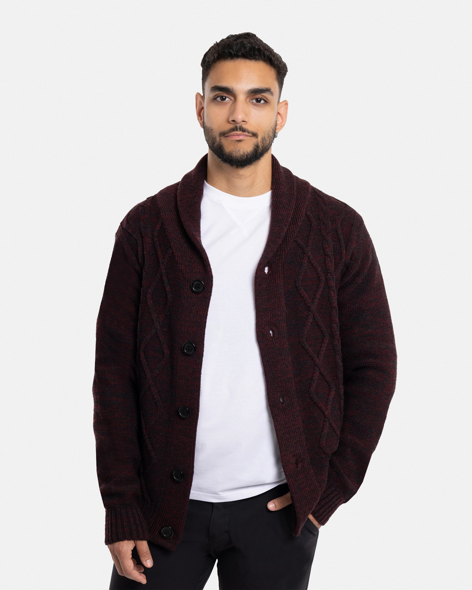 X RAY Men's V-Neck & Shawl Collar Cable Knit Button Down Cardigan Sweater