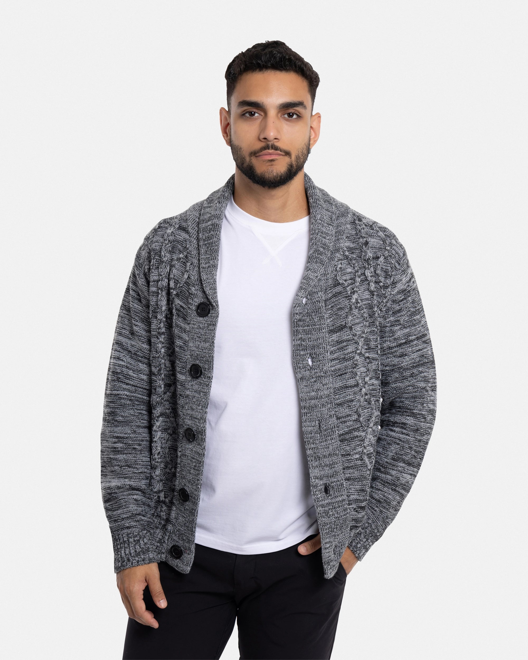 X RAY Men's V-Neck & Shawl Collar Cable Knit Button Down Cardigan Sweater