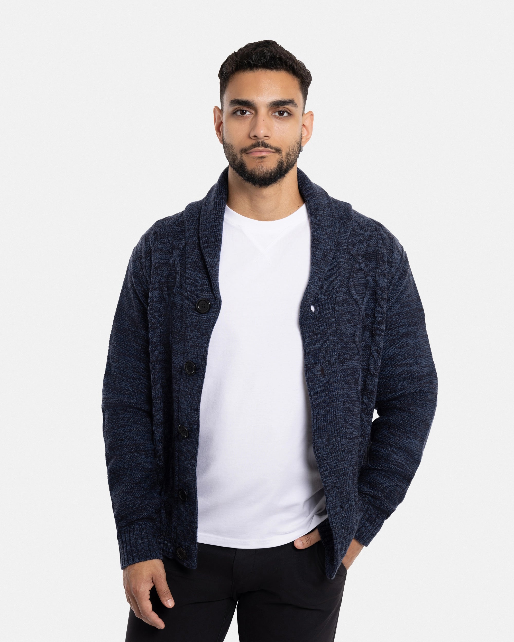 X RAY Men's V-Neck & Shawl Collar Cable Knit Button Down Cardigan Sweater