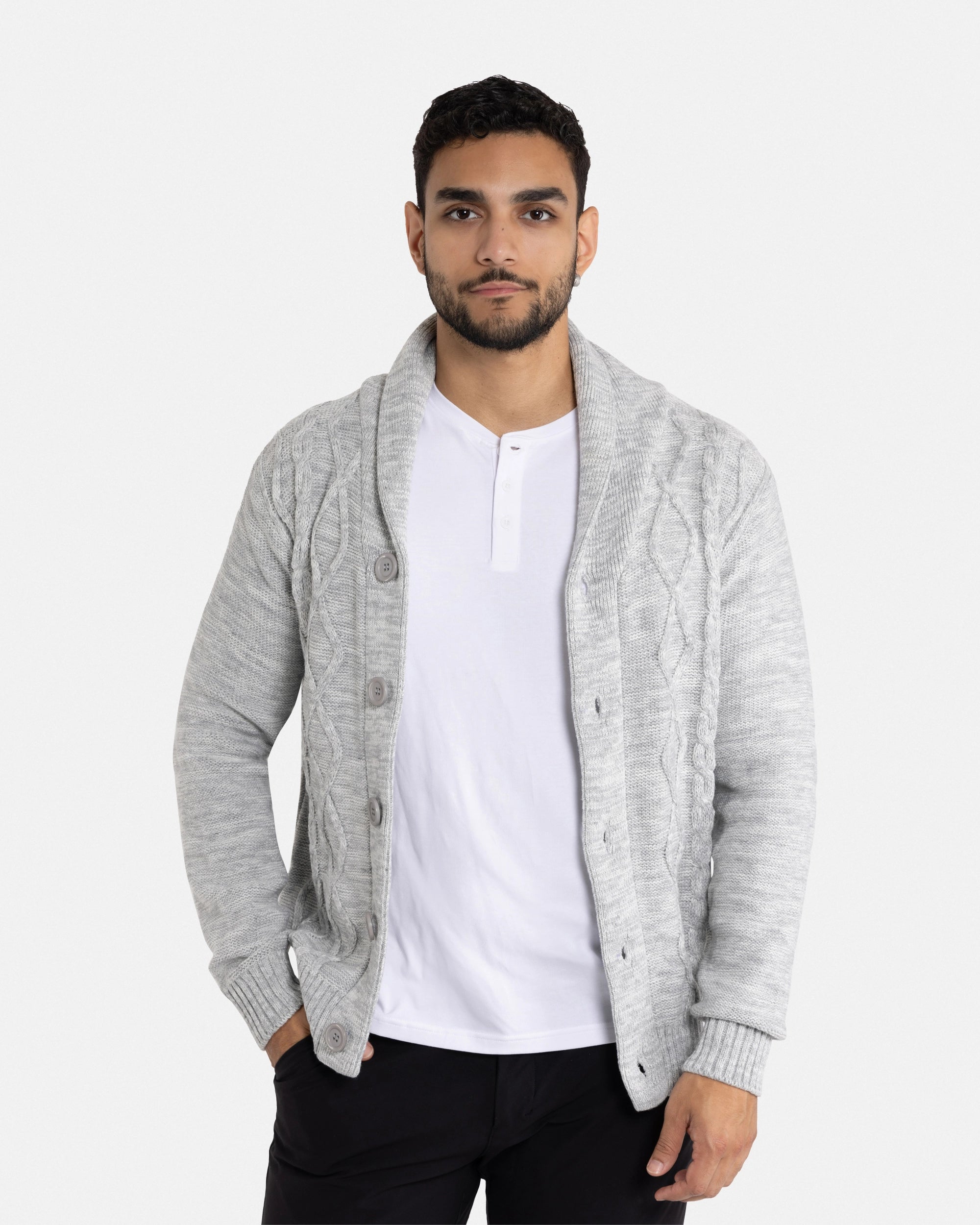 X RAY Men's V-Neck & Shawl Collar Cable Knit Button Down Cardigan Sweater