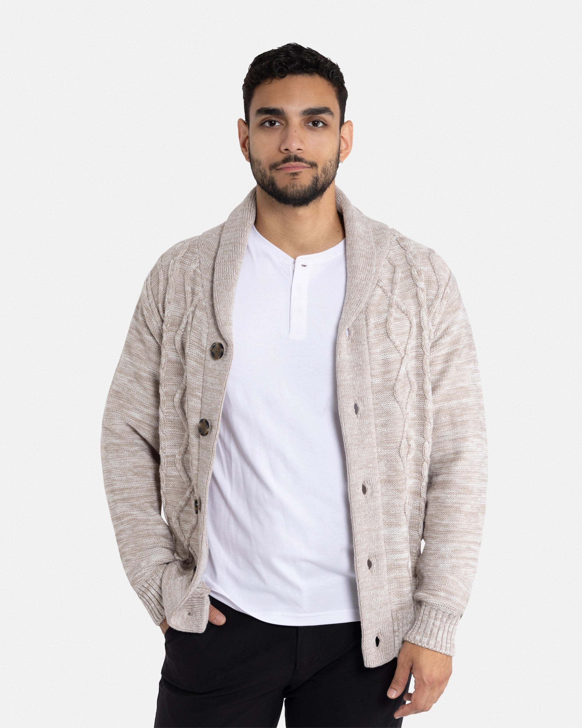 X RAY Men's V-Neck & Shawl Collar Cable Knit Button Down Cardigan Sweater