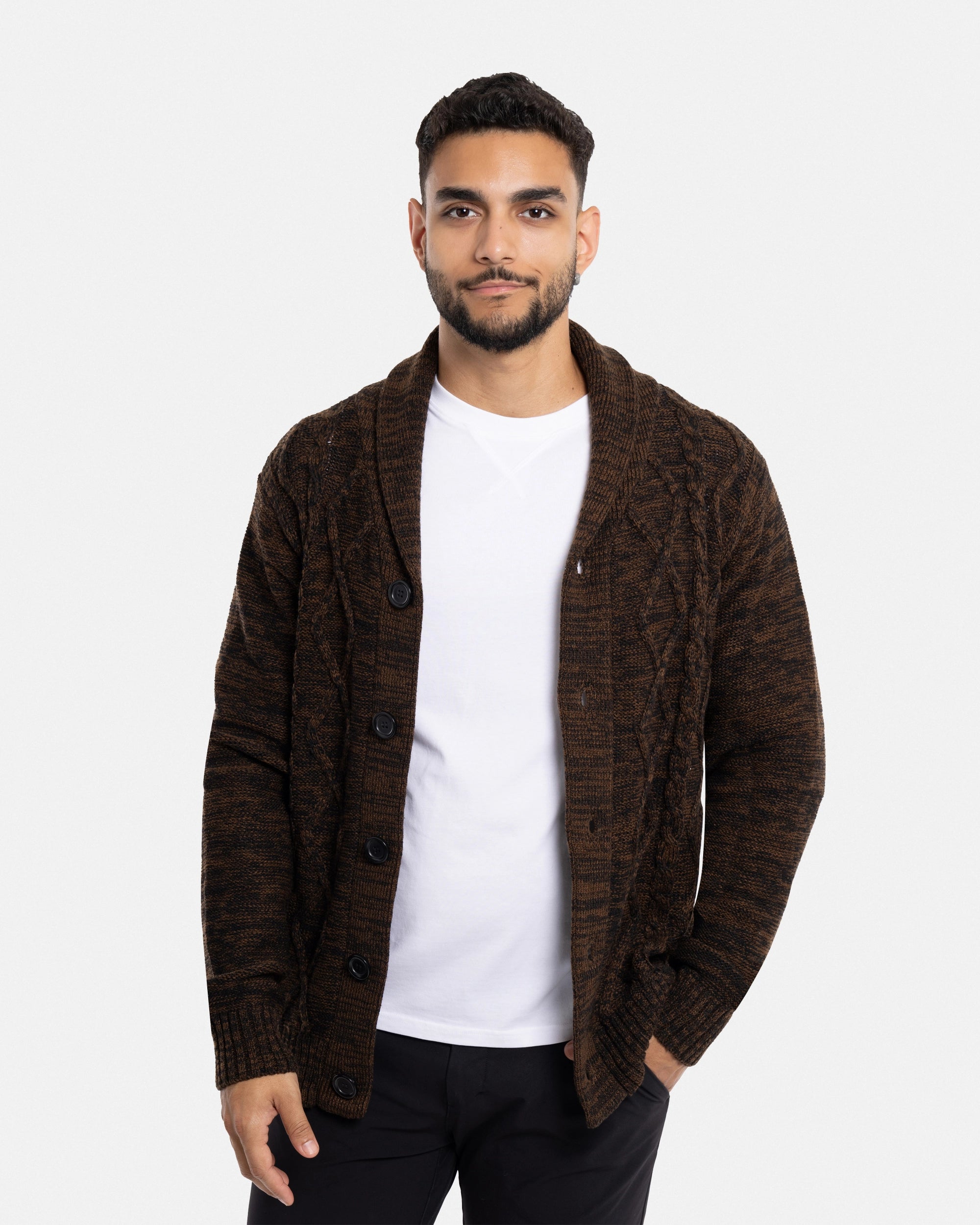 X RAY Men's V-Neck & Shawl Collar Cable Knit Button Down Cardigan Sweater