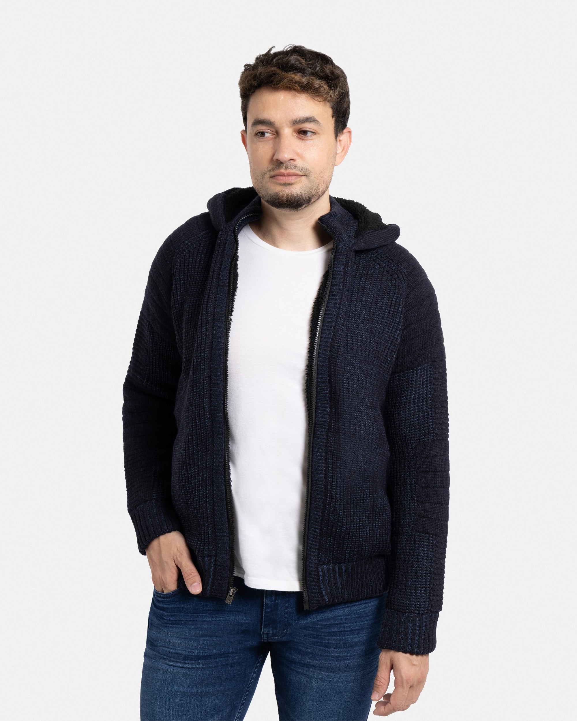 X RAY Men's Button Cable Knit Full Zip Hooded Sweater Jacket