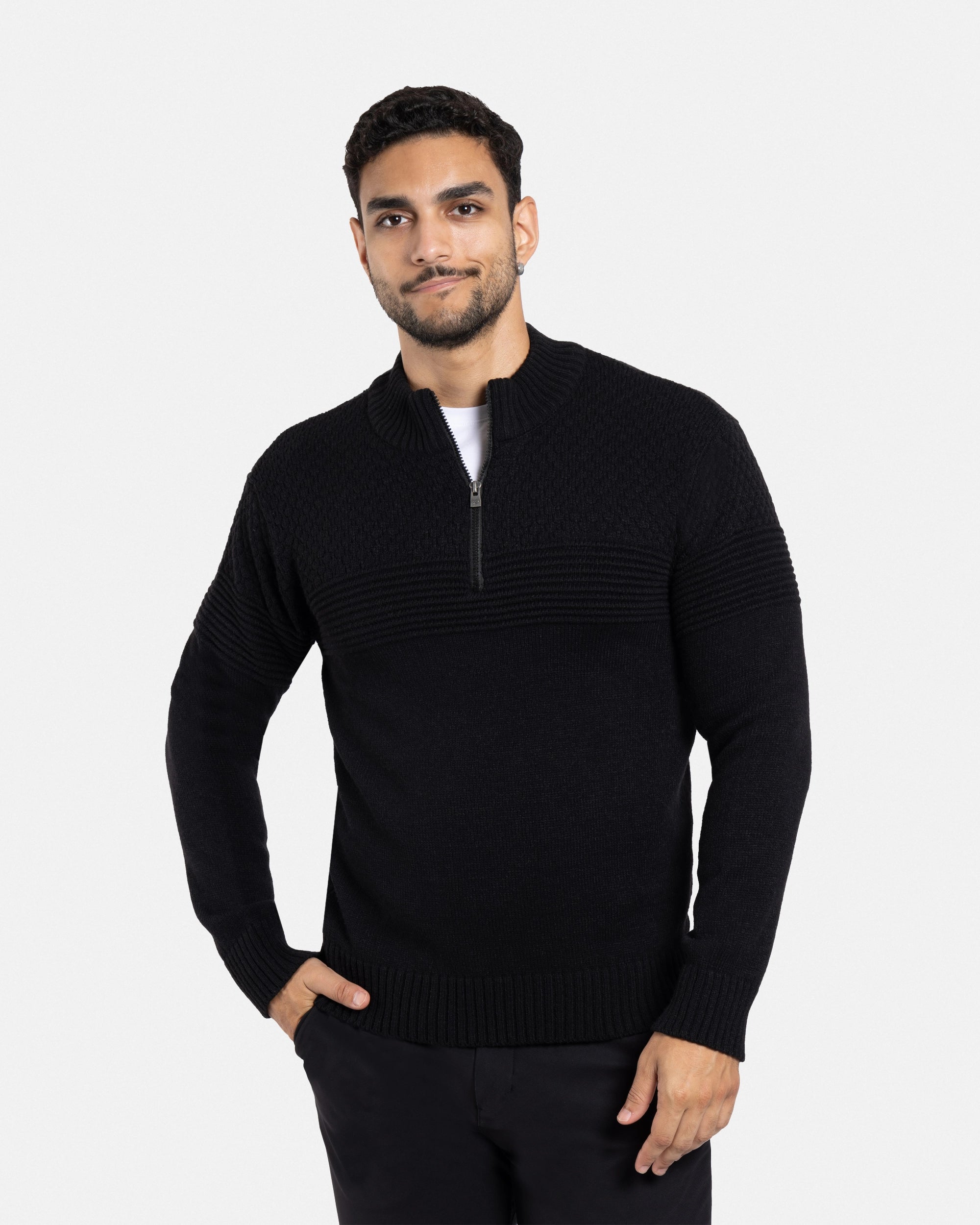 X RAY Men's Mock Neck Texture Pattern Block Quarter Zip Knitted Sweater