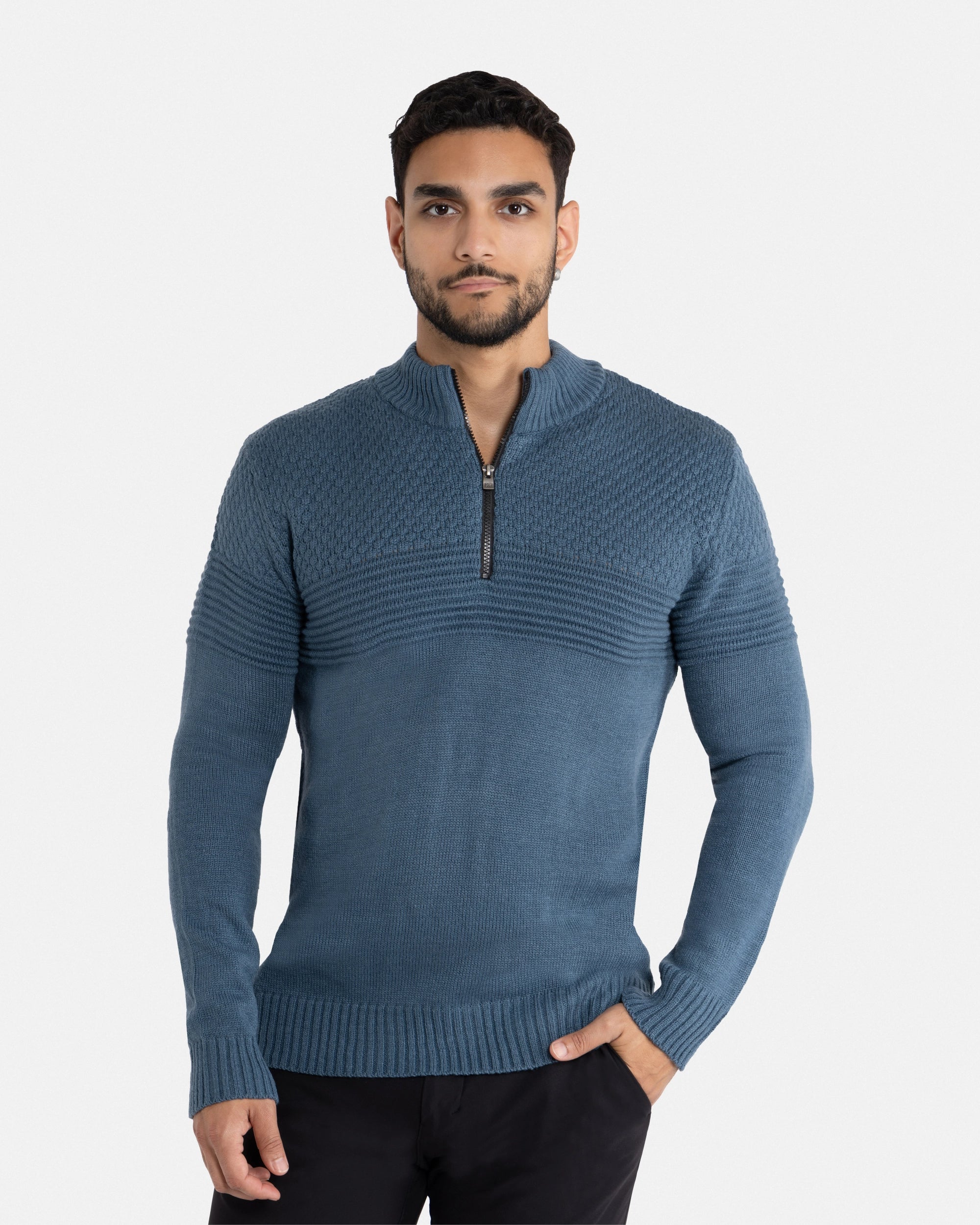 X RAY Men's Mock Neck Texture Pattern Block Quarter Zip Knitted Sweater