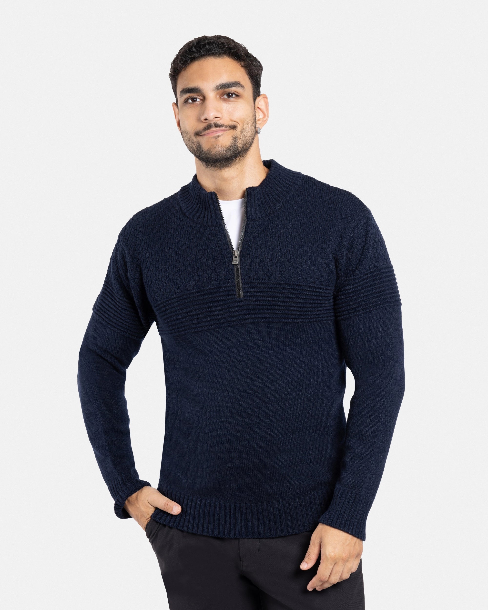 X RAY Men's Mock Neck Texture Pattern Block Quarter Zip Knitted Sweater