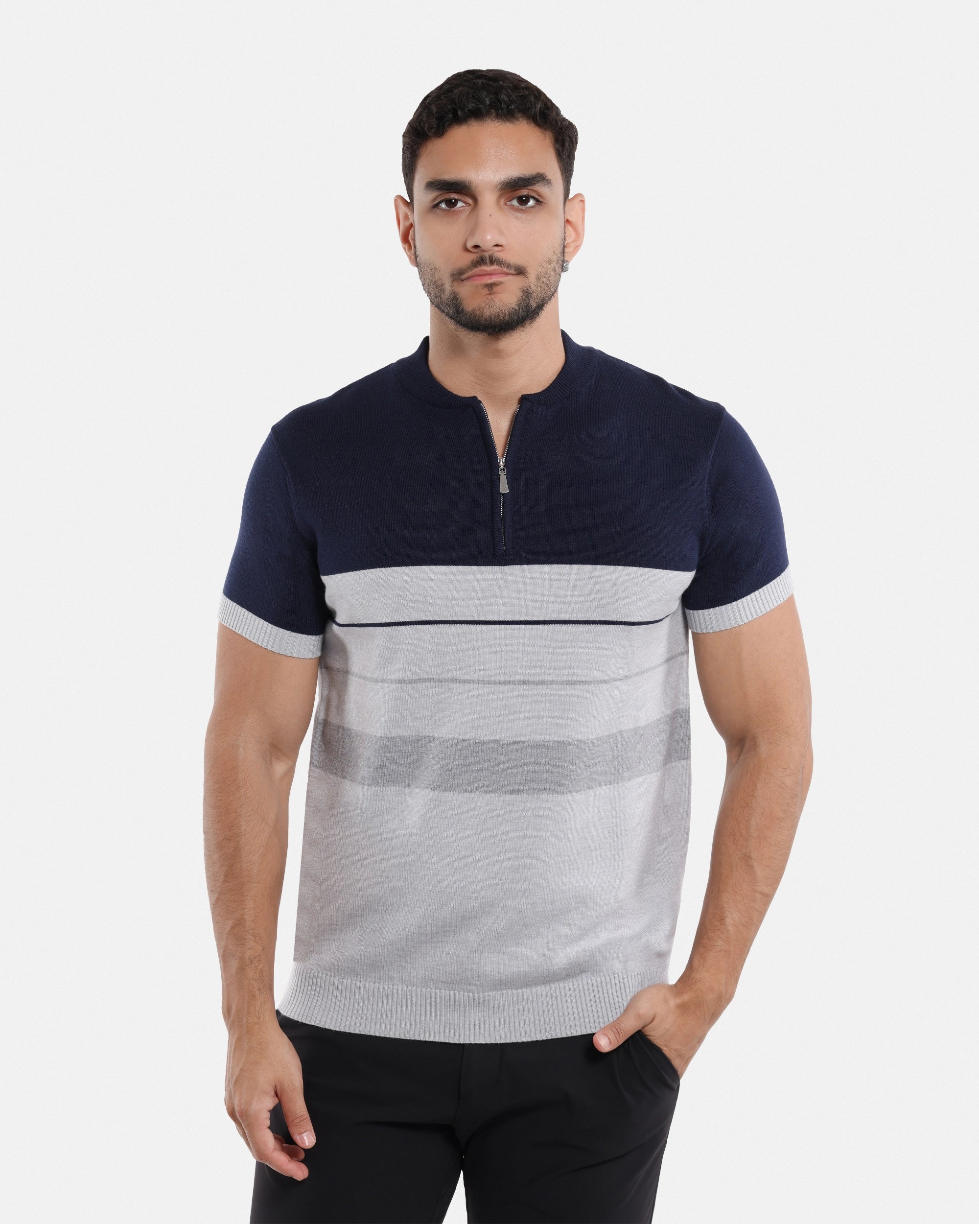 XRAY JEANS Men's Stripe Knit Short Sleeve Polo Sweater