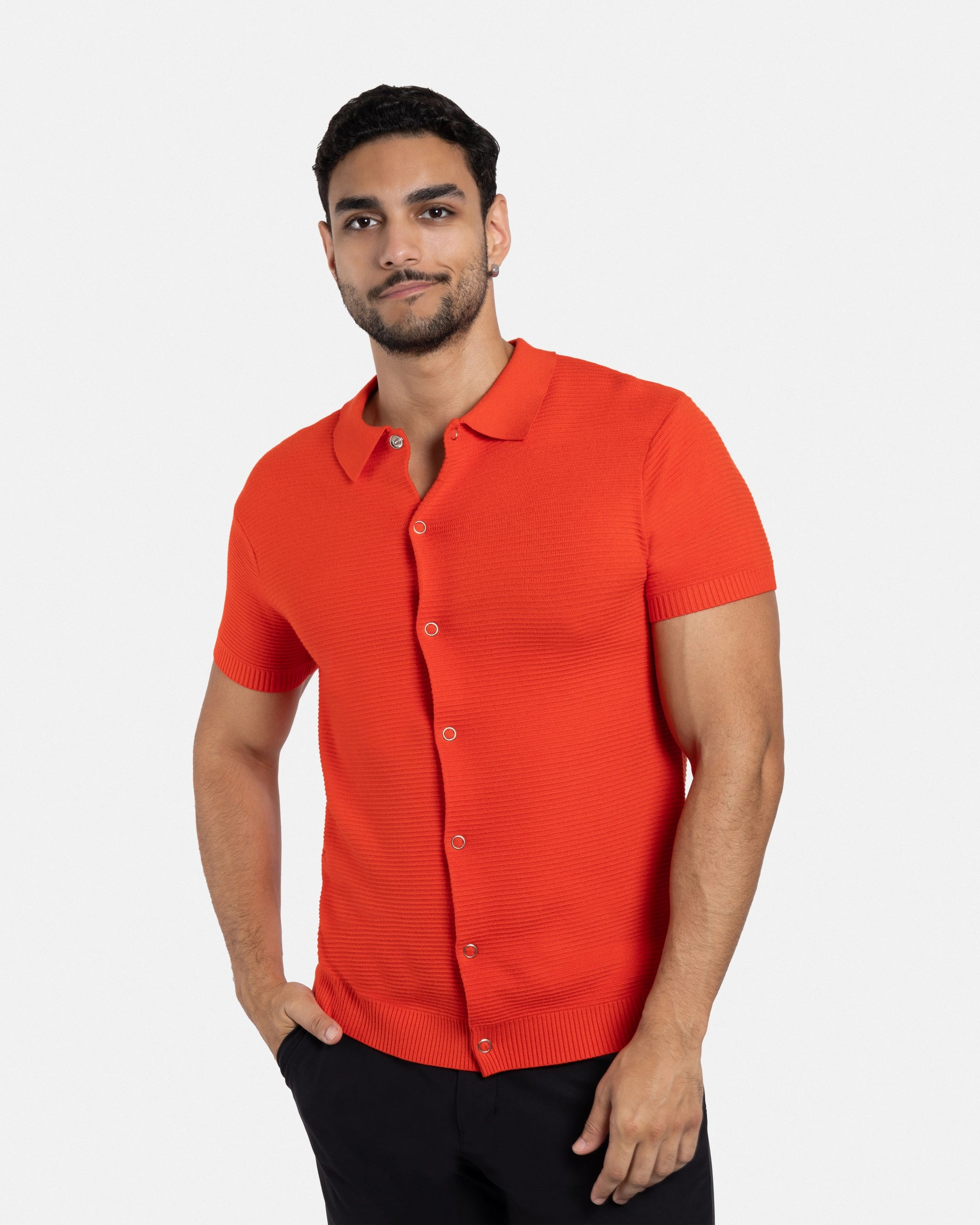 XRAY JEANS Men's Snap Front Texture Short Sleeve Polo Sweater