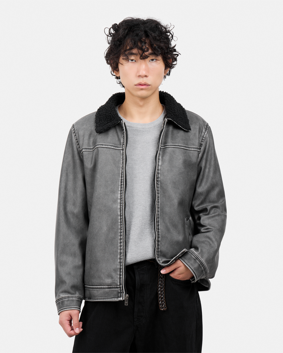 #XRJK5100454 Brushed Faux Leather Aviator Jacket-thumbmail-1