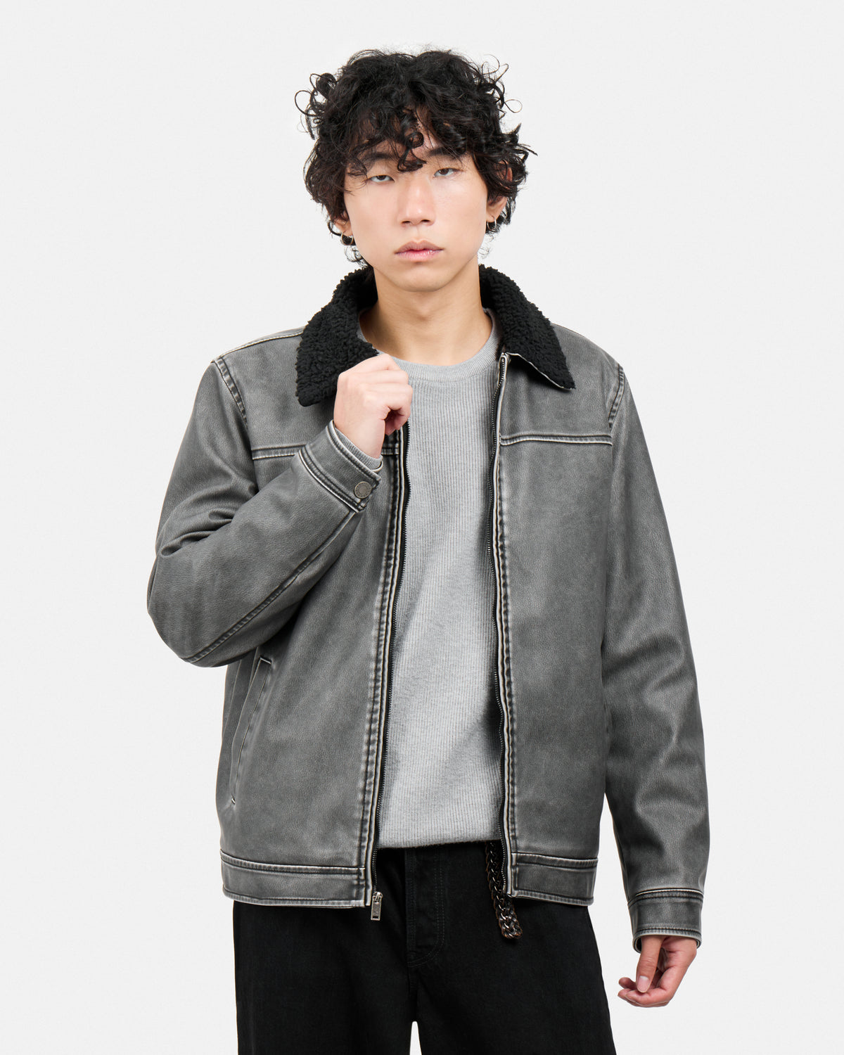 #XRJK5100454 Brushed Faux Leather Aviator Jacket-thumbmail-4