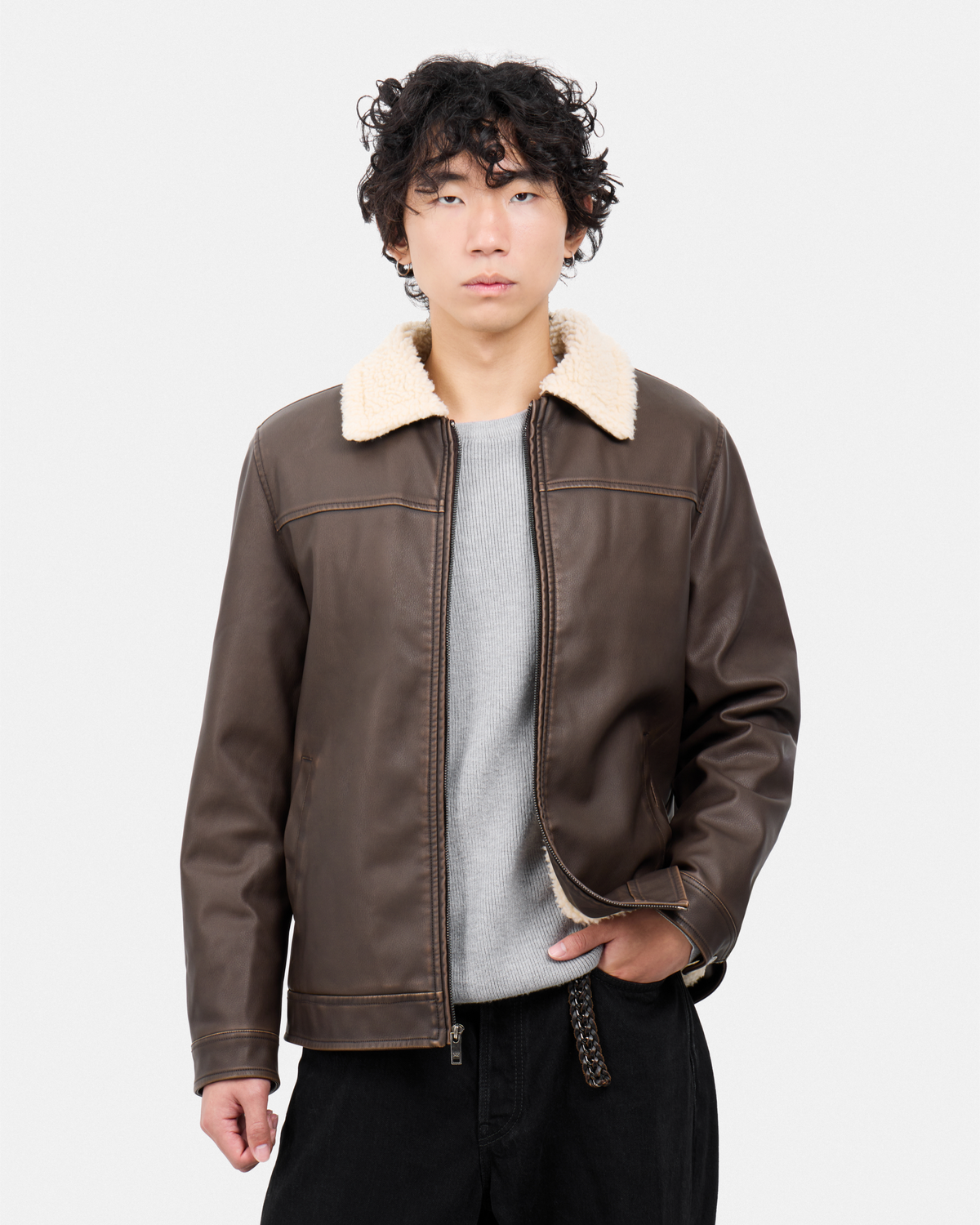 #XRJK5100454 Brushed Faux Leather Aviator Jacket-thumbmail-9