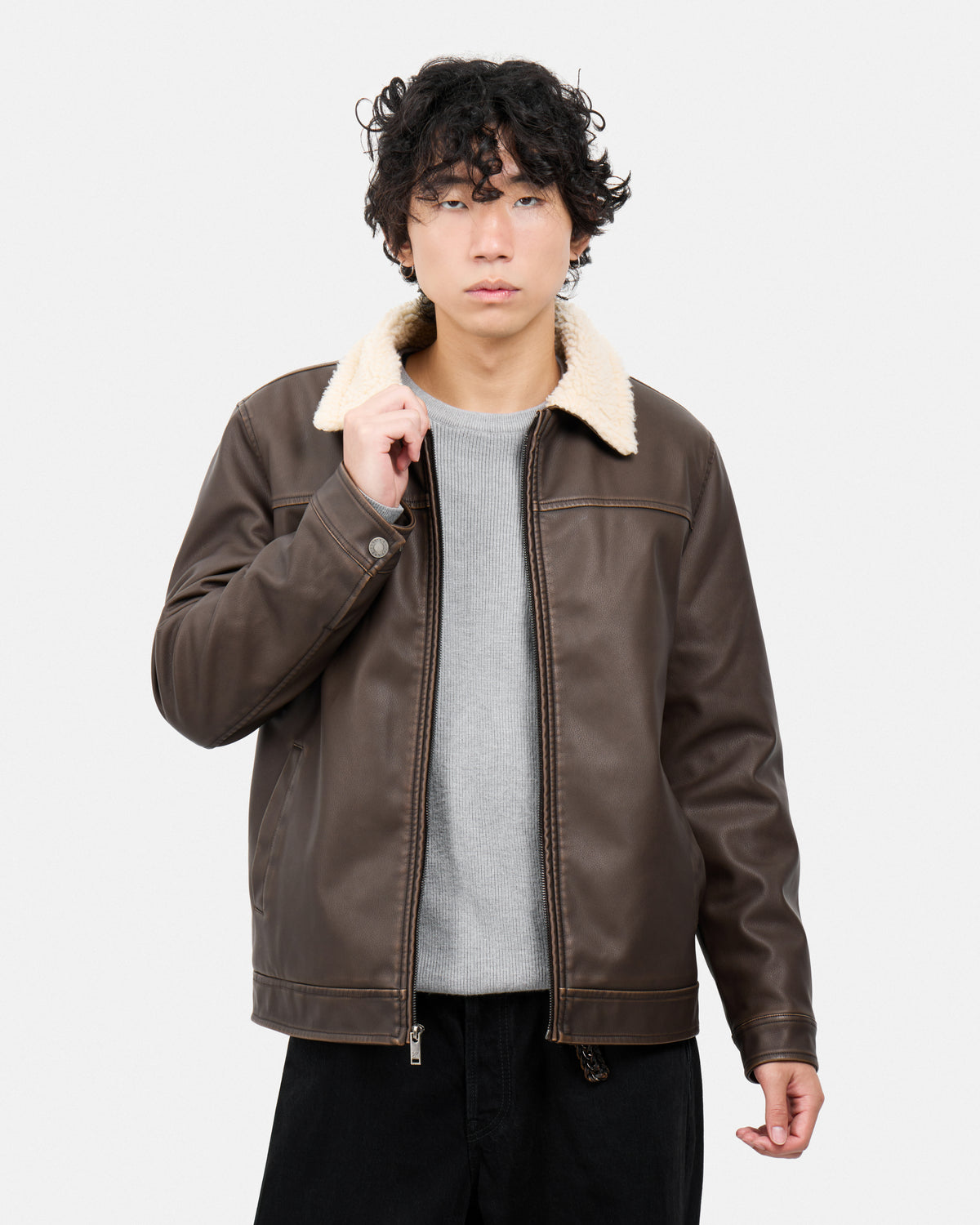 #XRJK5100454 Brushed Faux Leather Aviator Jacket-thumbmail-12