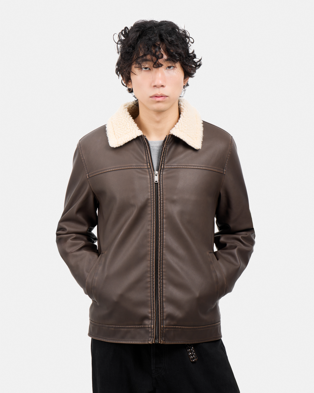 #XRJK5100454 Brushed Faux Leather Aviator Jacket-thumbmail-13