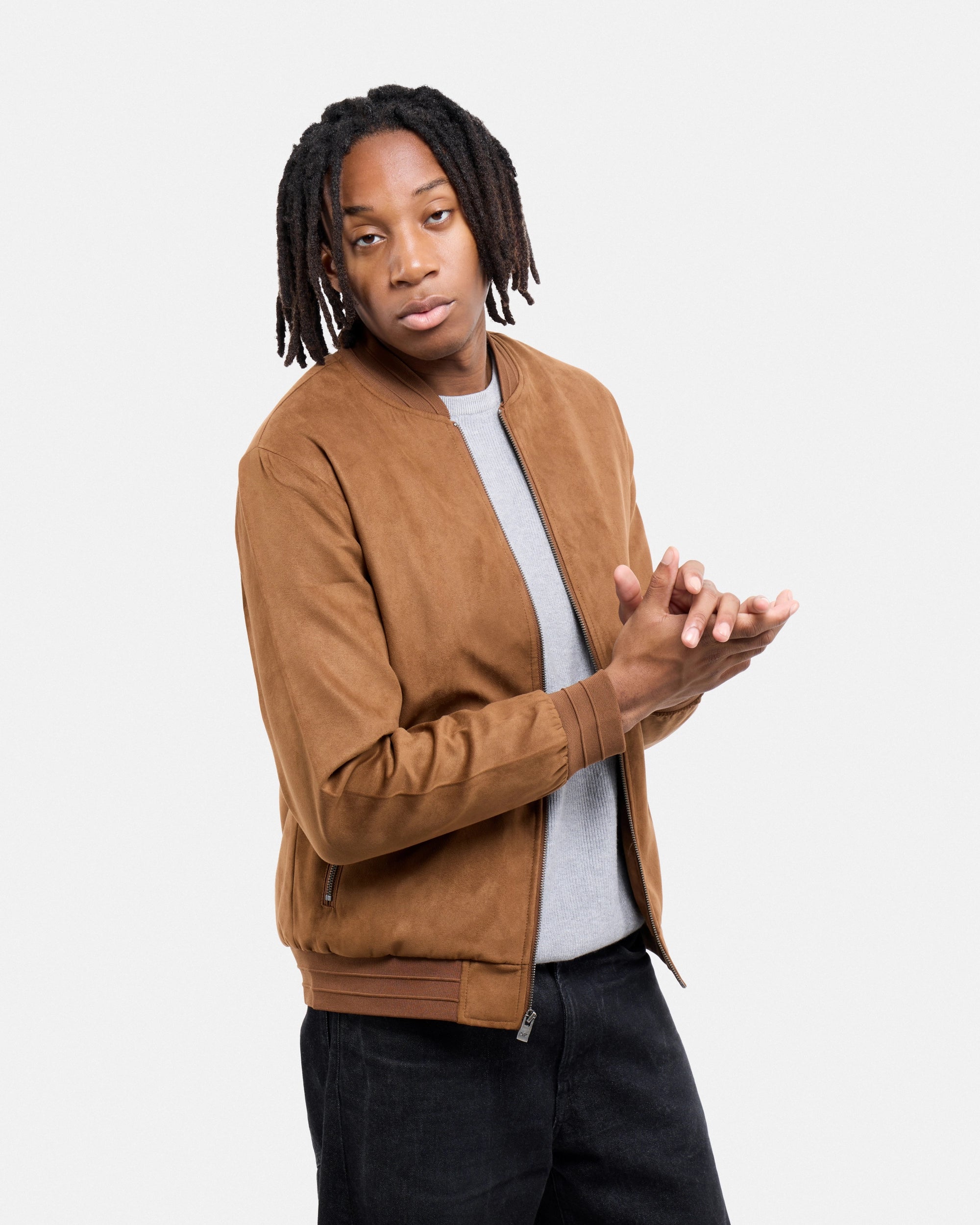 #XRJK5100554 Faux Suede Bomber Jacket With Lining-thumbmail-30