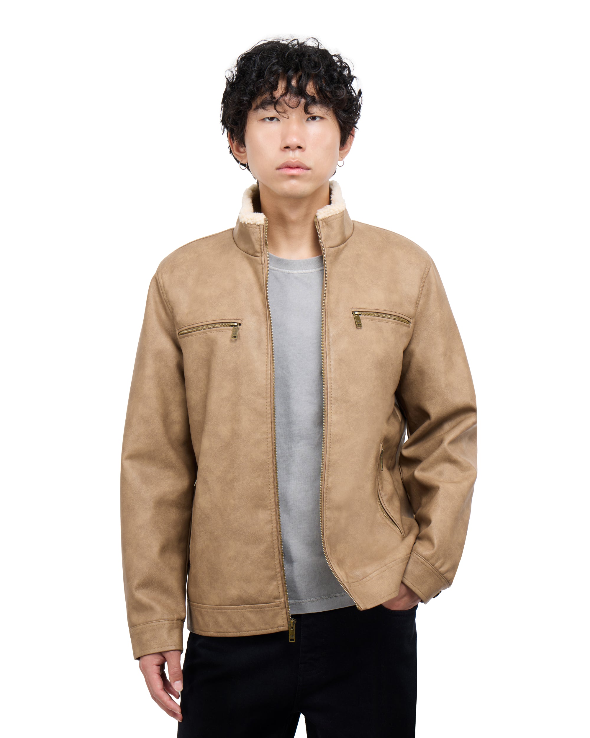 Men's PU Jacket With Faux Shearling Collar And Lining-thumbmail-1