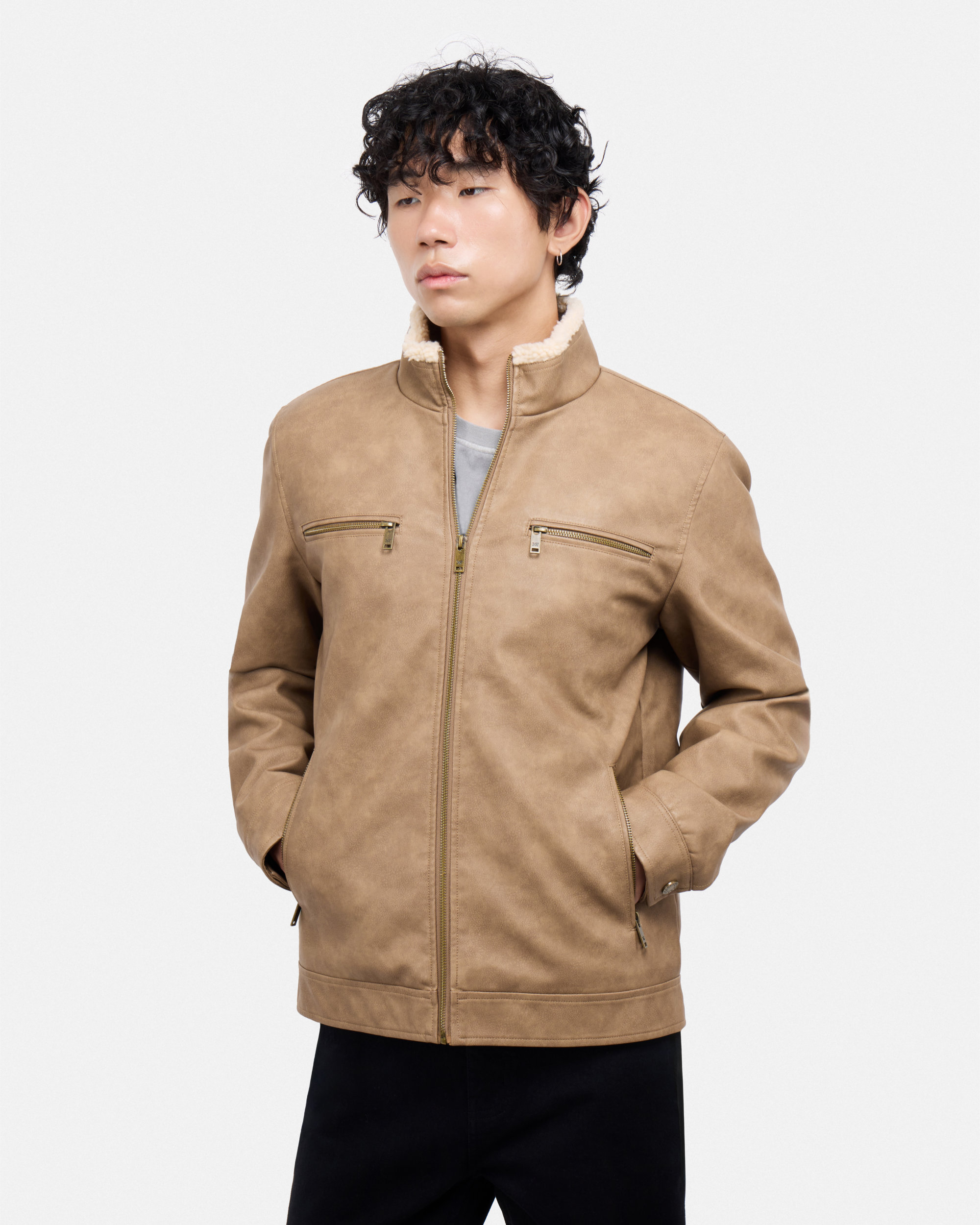 Men's PU Jacket With Faux Shearling Collar And Lining-thumbmail-4