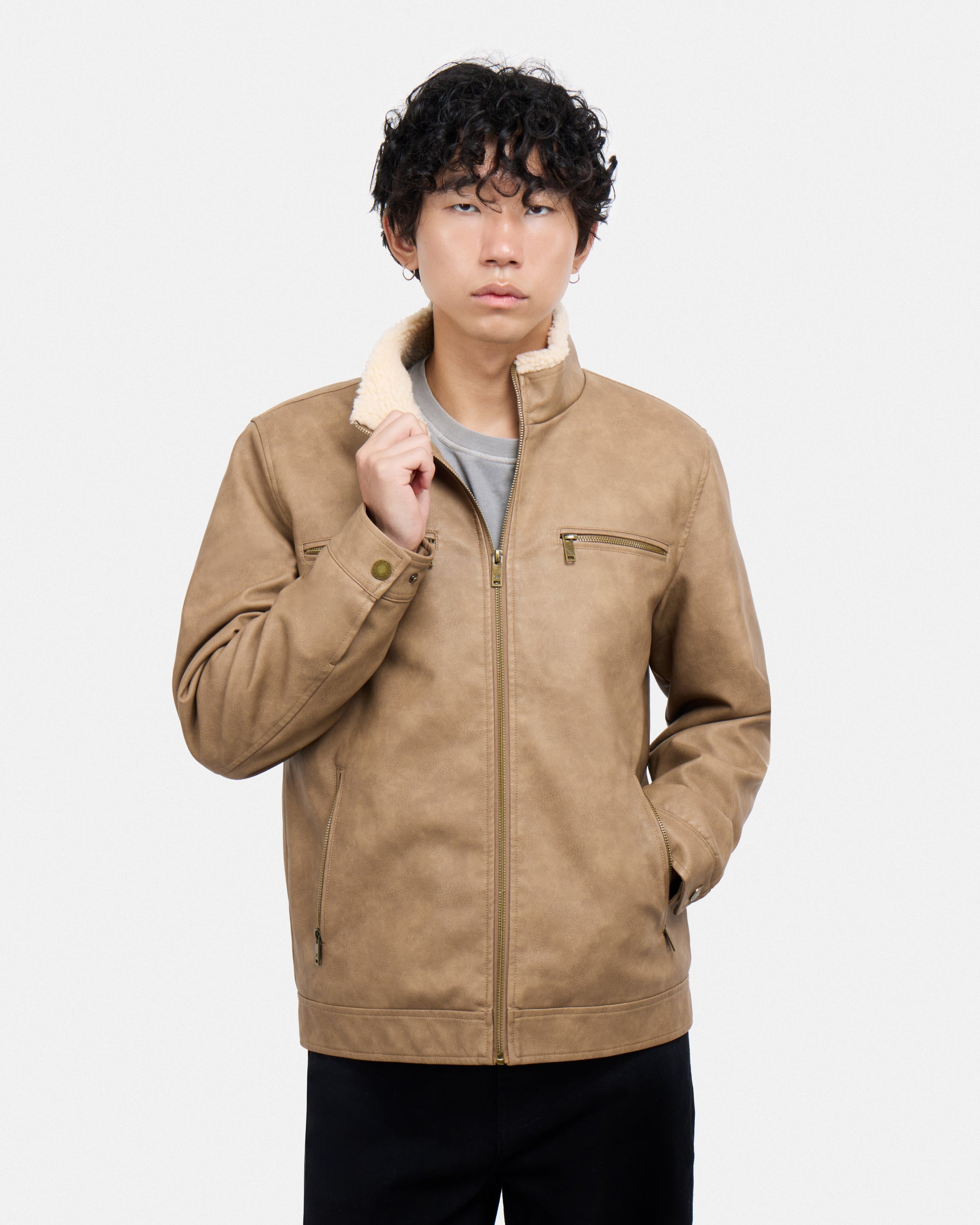 Men's PU Jacket With Faux Shearling Collar And Lining-thumbmail-5