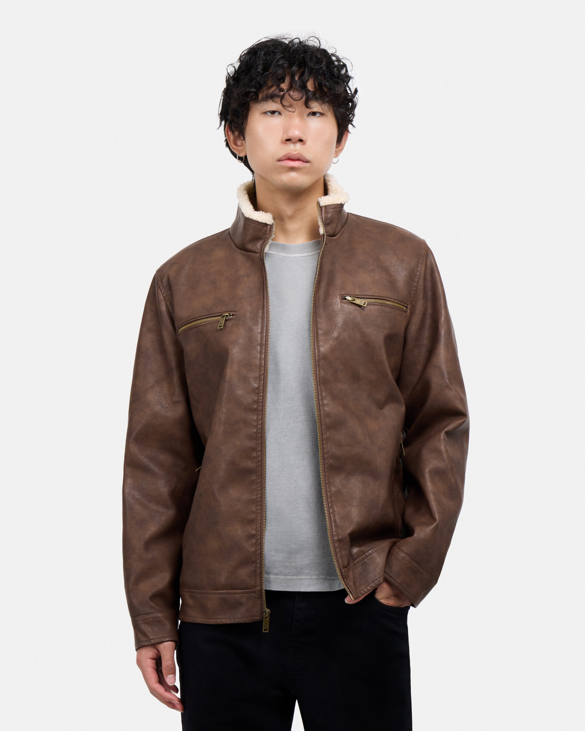 Men's PU Jacket With Faux Shearling Collar And Lining-thumbmail-9