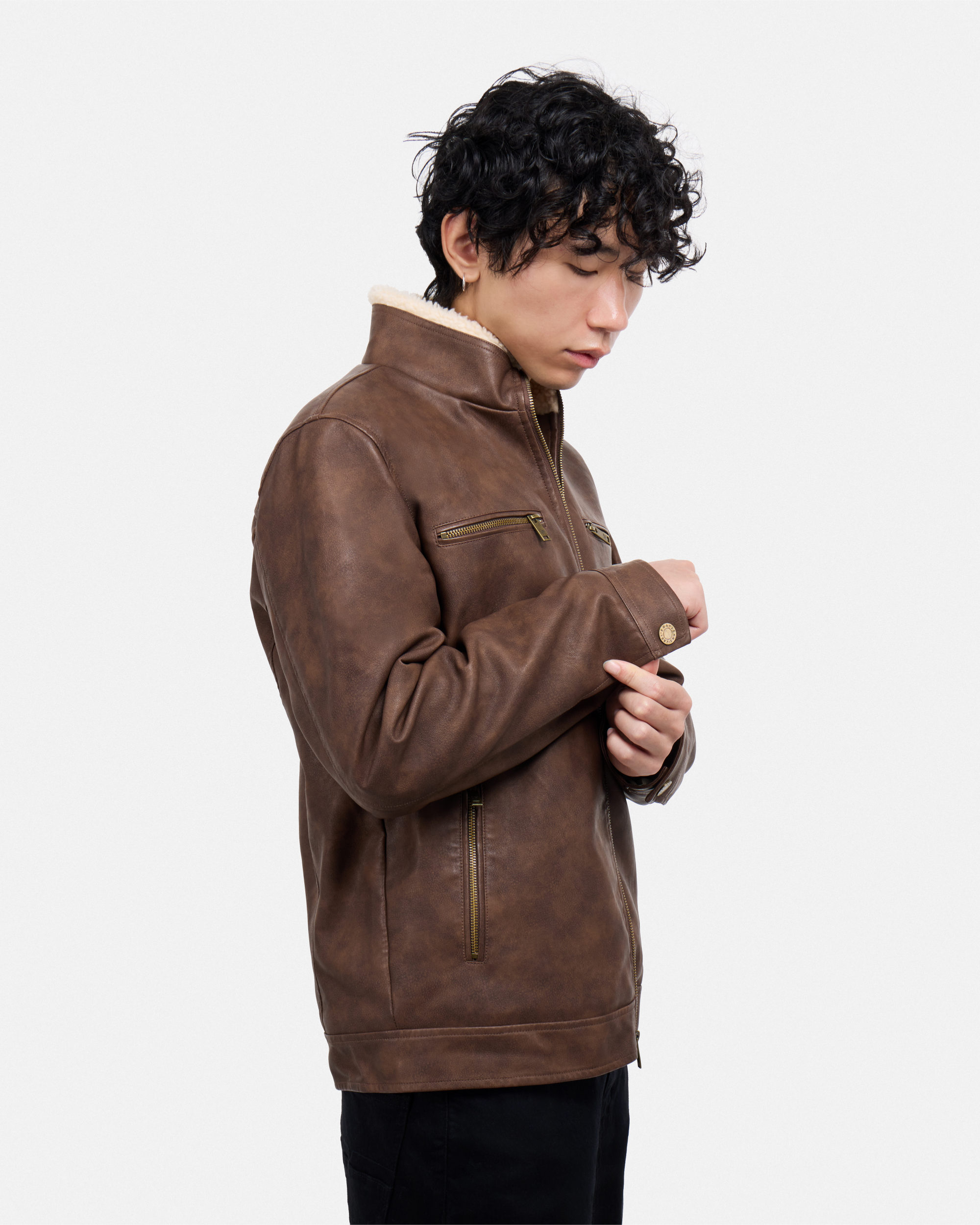 Men's PU Jacket With Faux Shearling Collar And Lining-thumbmail-11