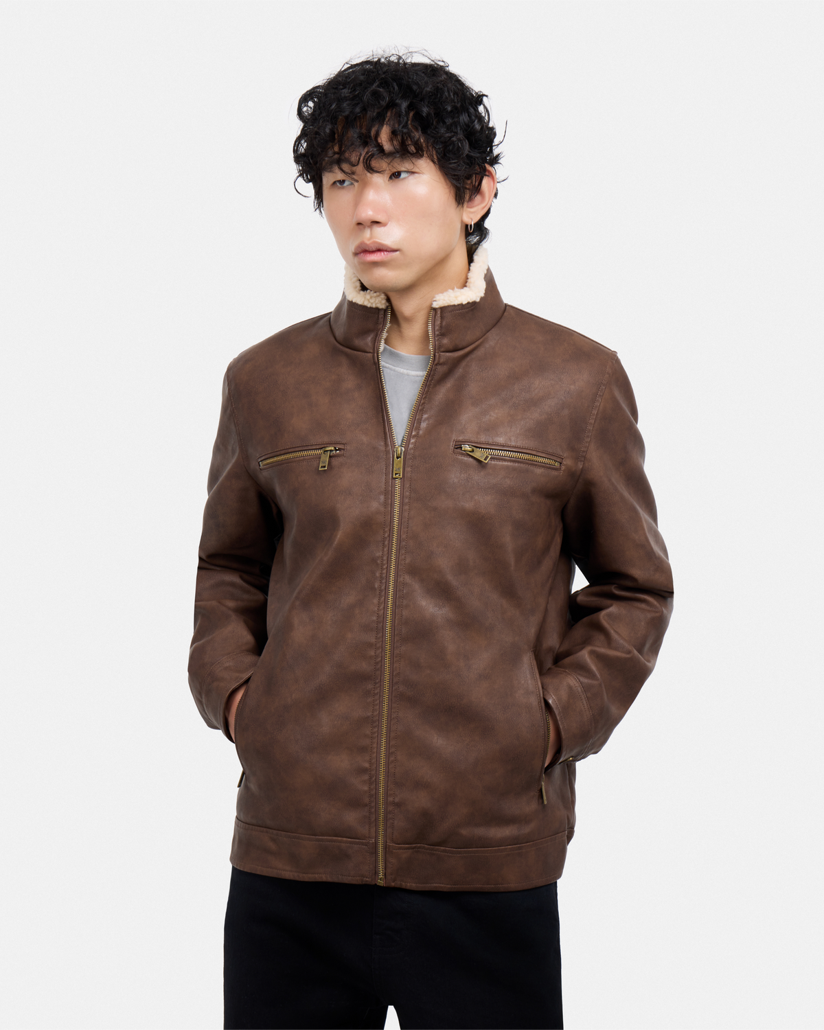 Men's PU Jacket With Faux Shearling Collar And Lining-thumbmail-12
