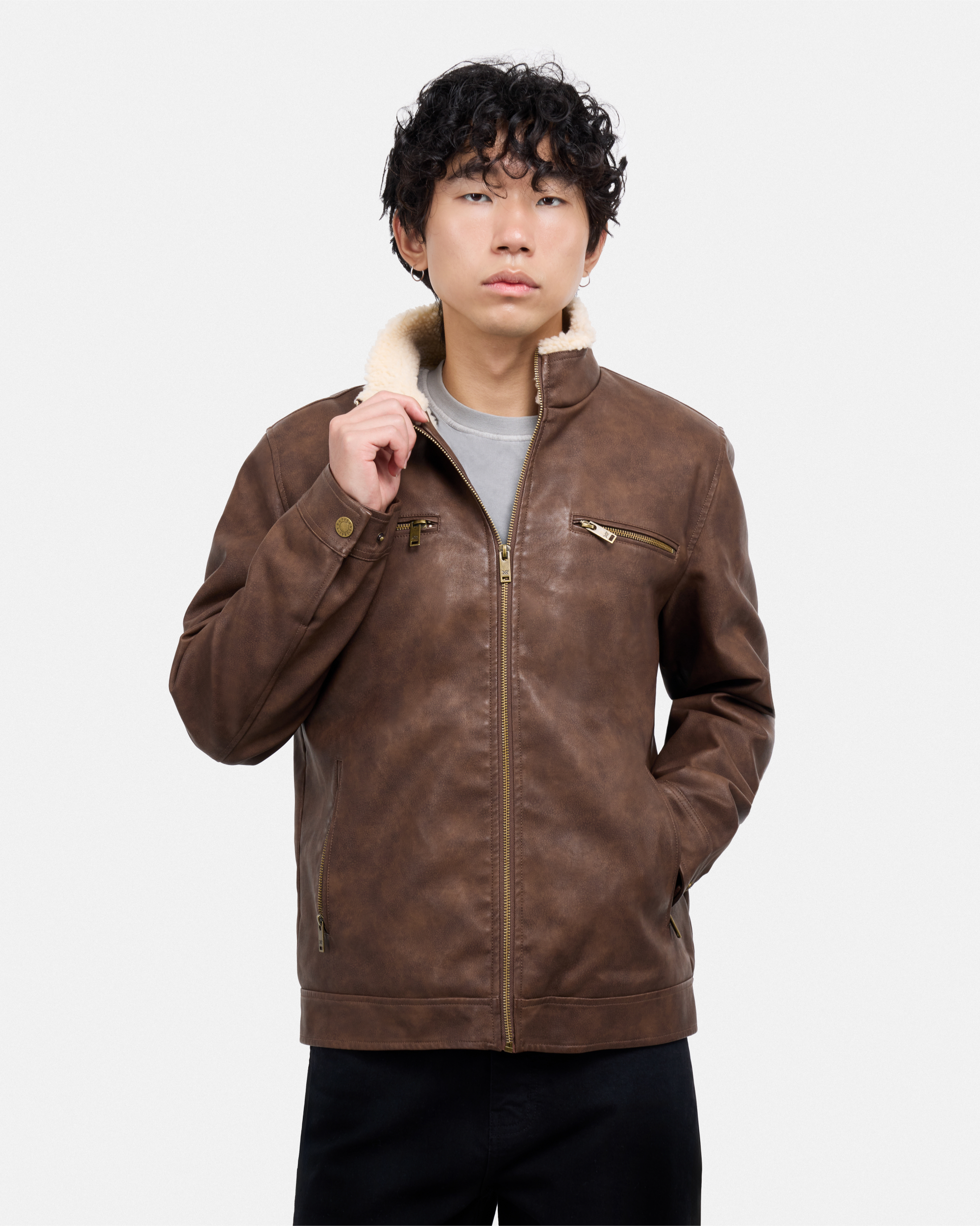 Men's PU Jacket With Faux Shearling Collar And Lining-thumbmail-13
