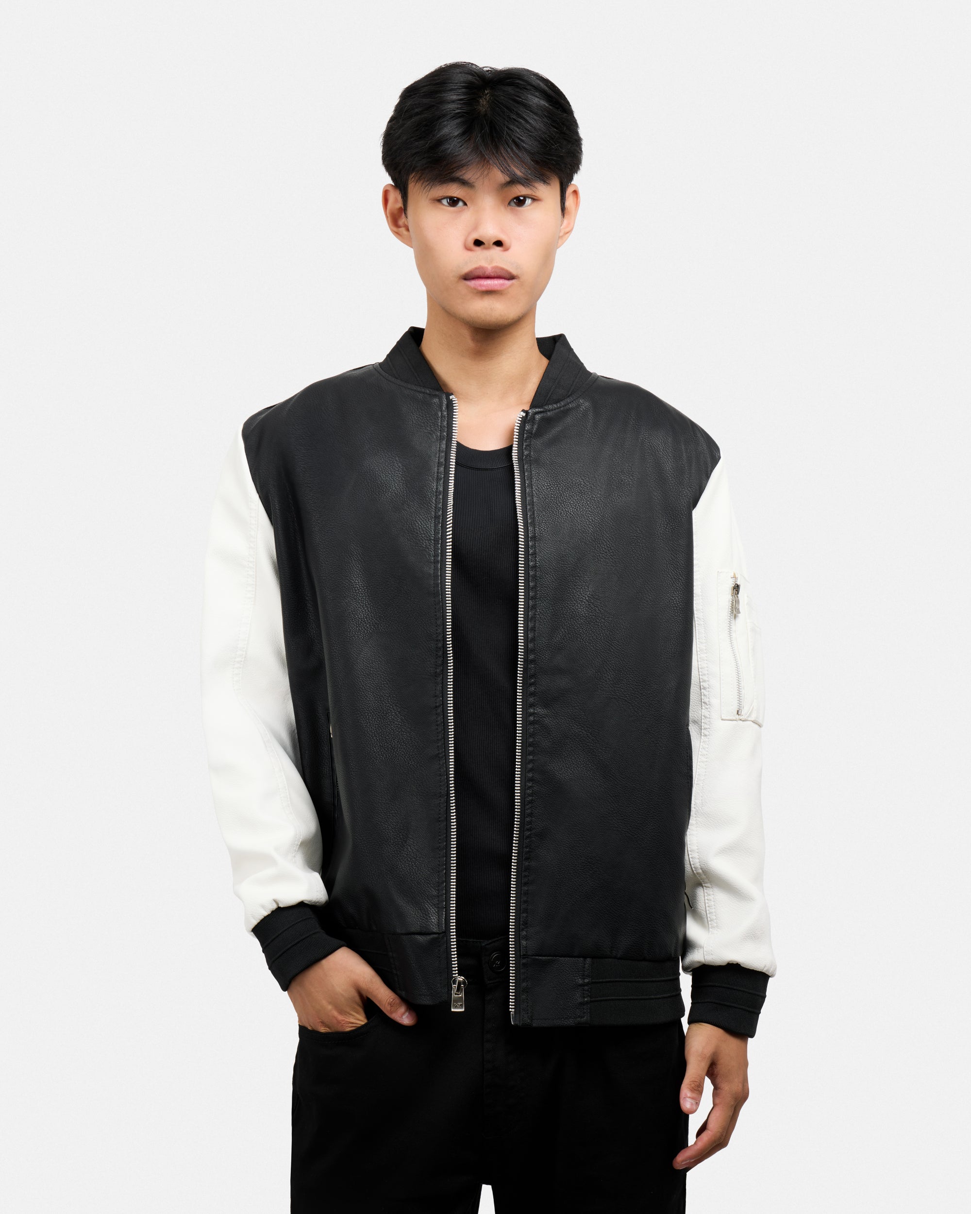 Men's Full-Zip Colorblock PU Bomber Jacket-thumbmail-1