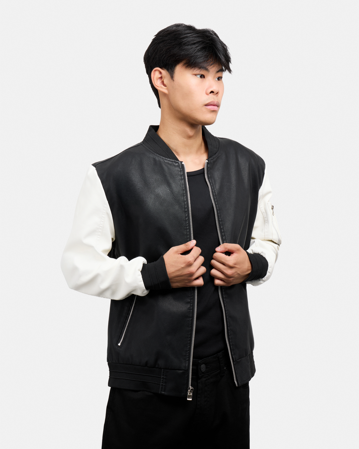 Men's Full-Zip Colorblock PU Bomber Jacket-thumbmail-3