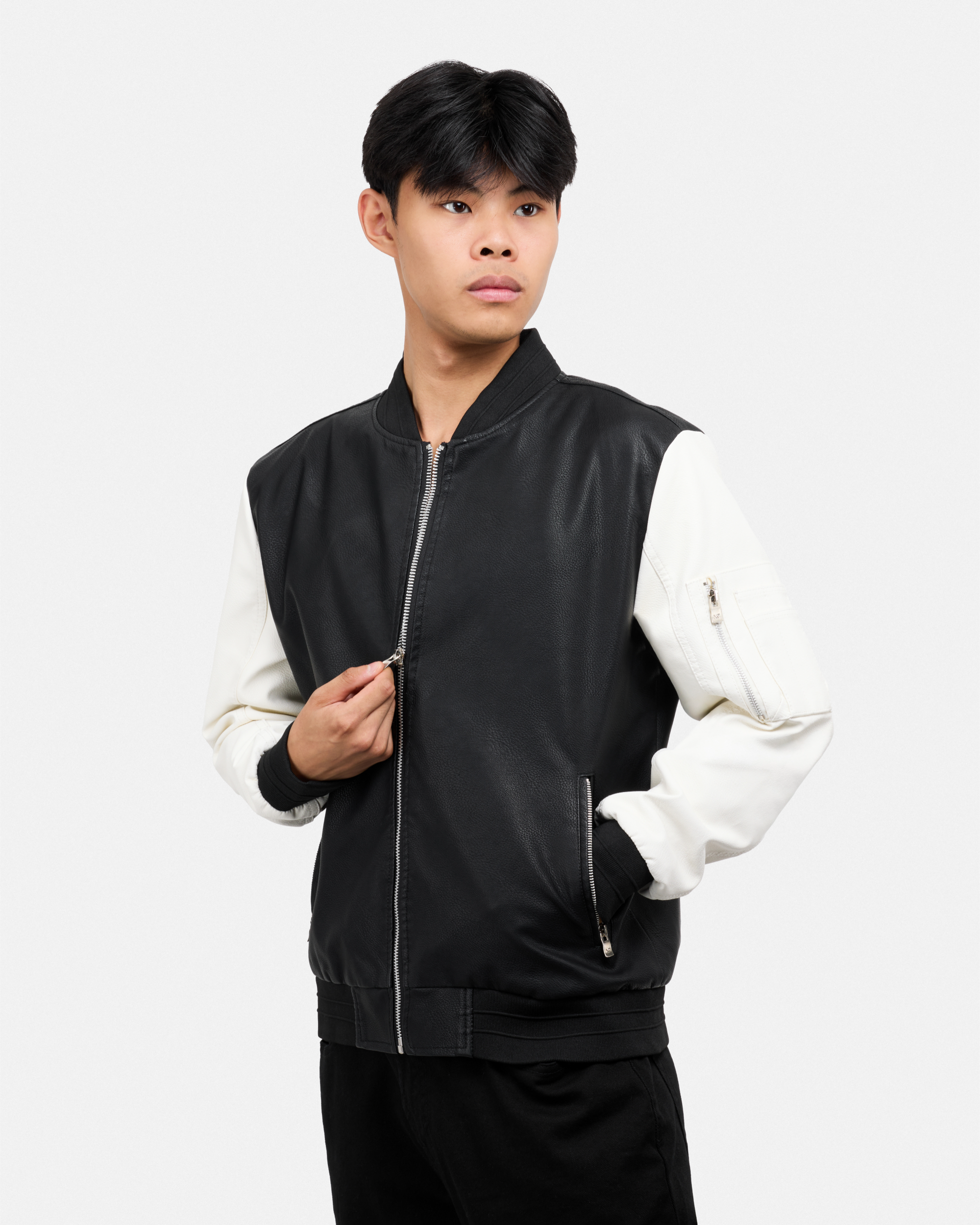 Men's Full-Zip Colorblock PU Bomber Jacket-thumbmail-4