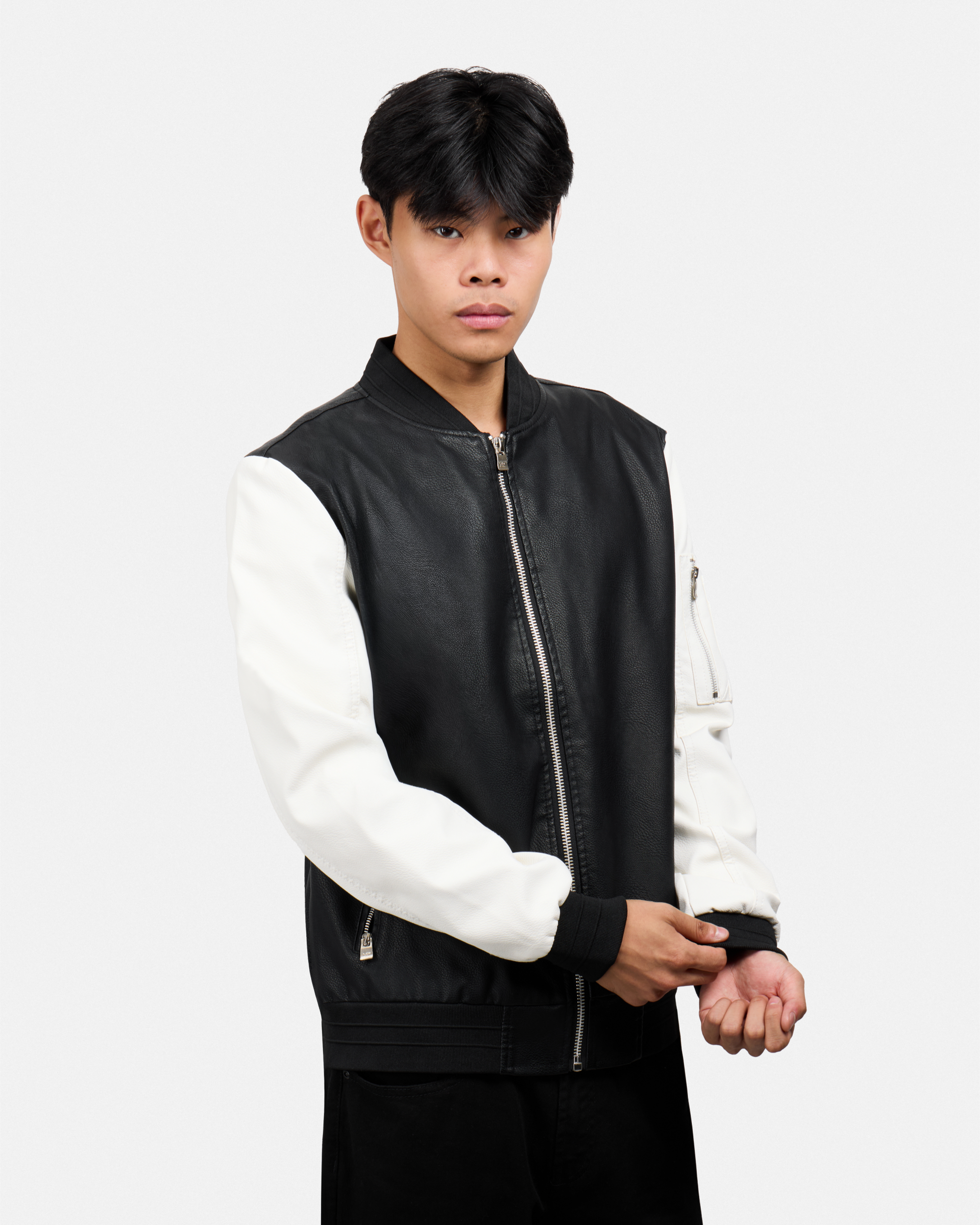 Men's Full-Zip Colorblock PU Bomber Jacket-thumbmail-5