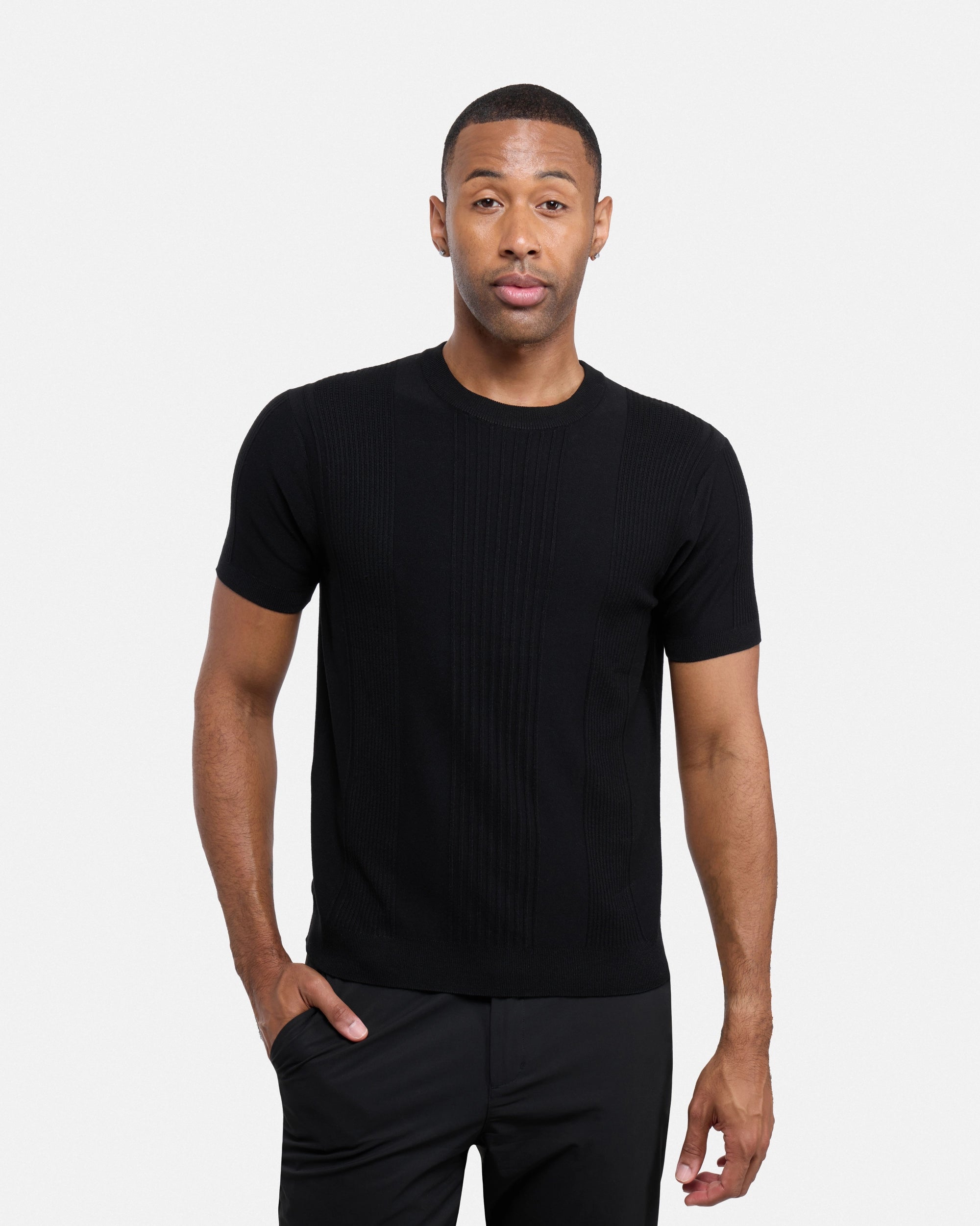 #XRSW3100611 Raised Stripes Short Sleeve Crew Sweater