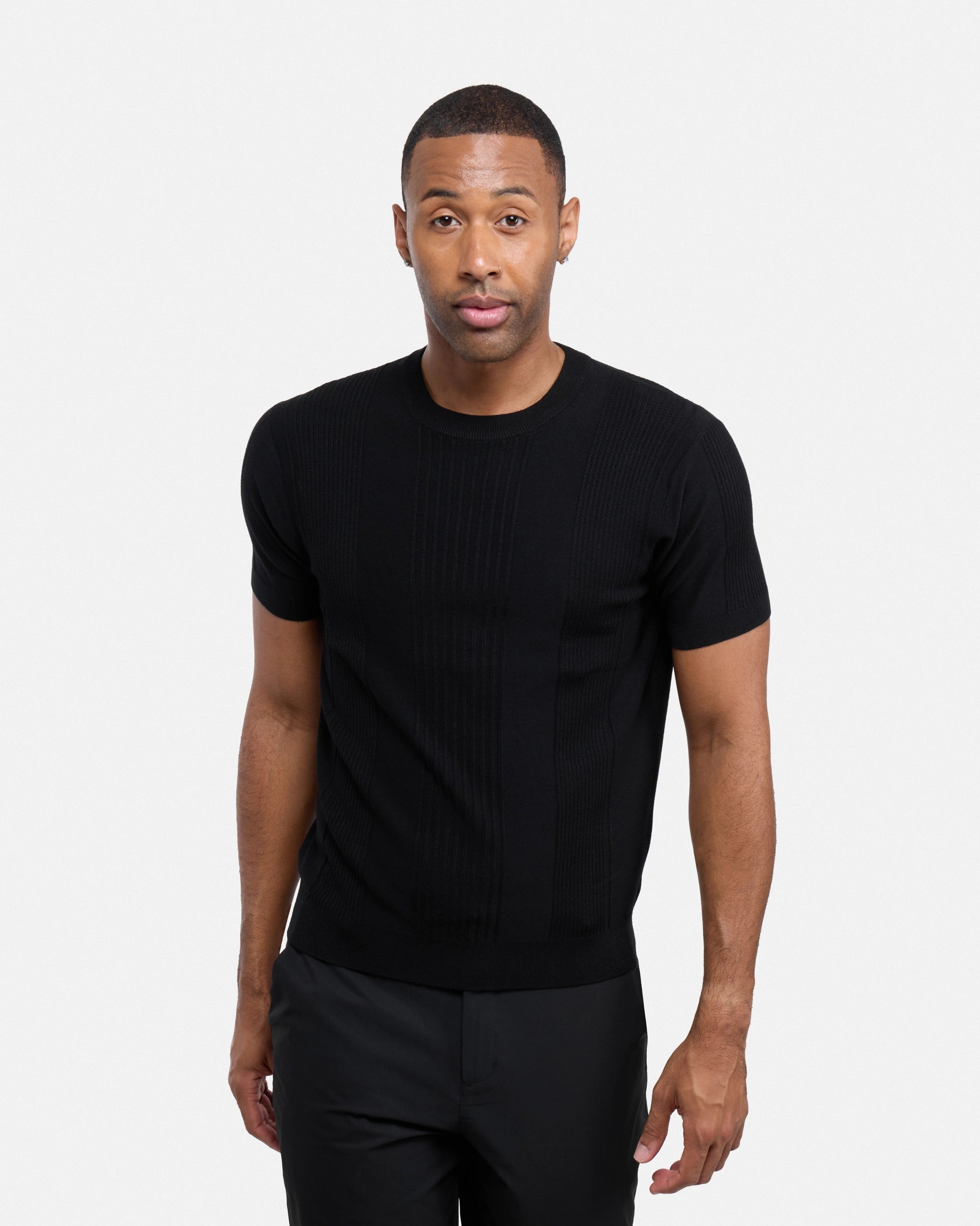 #XRSW3100611 Raised Stripes Short Sleeve Crew Sweater-thumbmail-4