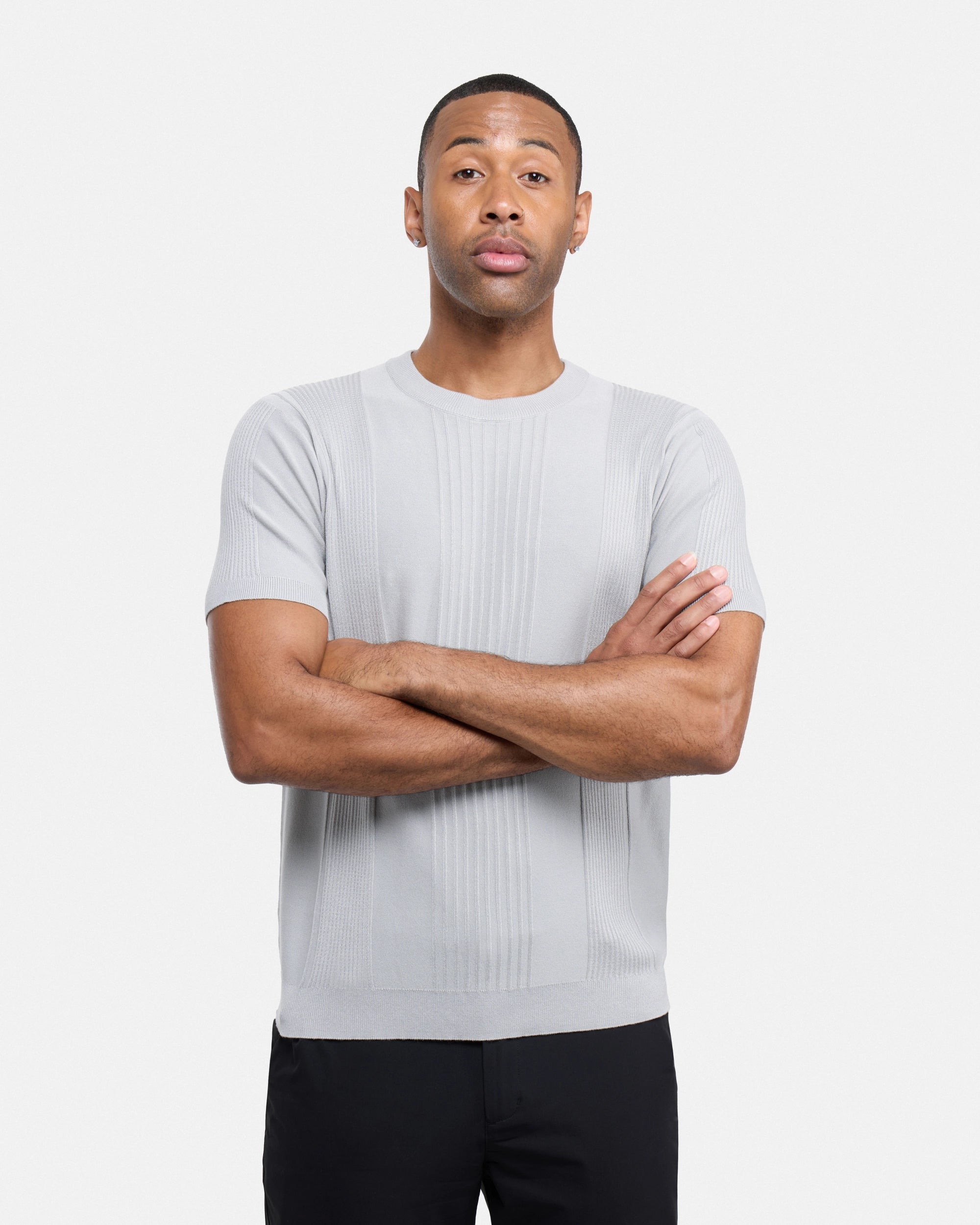#XRSW3100611 Raised Stripes Short Sleeve Crew Sweater-thumbmail-12