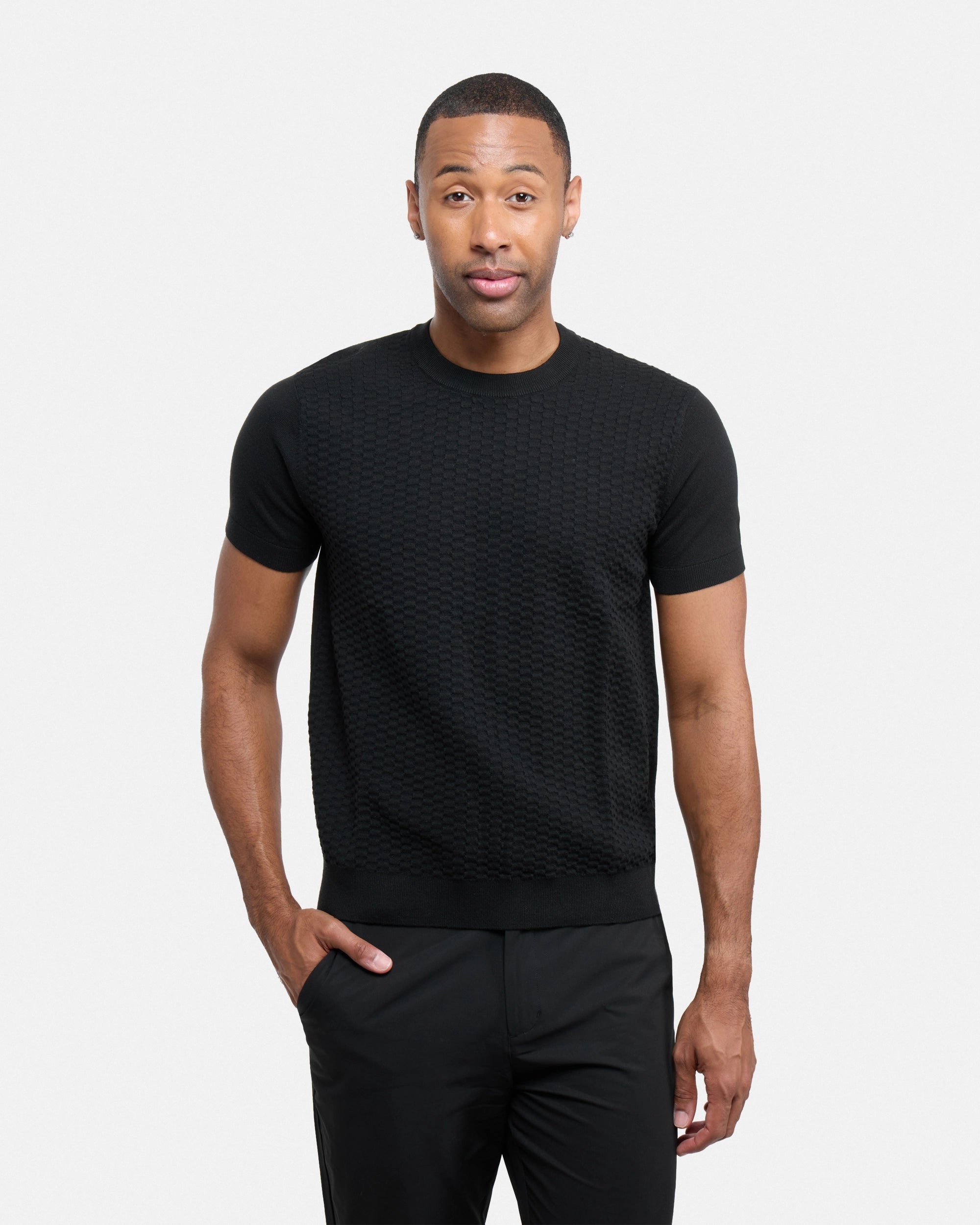 #XRSW3100612 Checkered Short Sleeve Crew Sweater