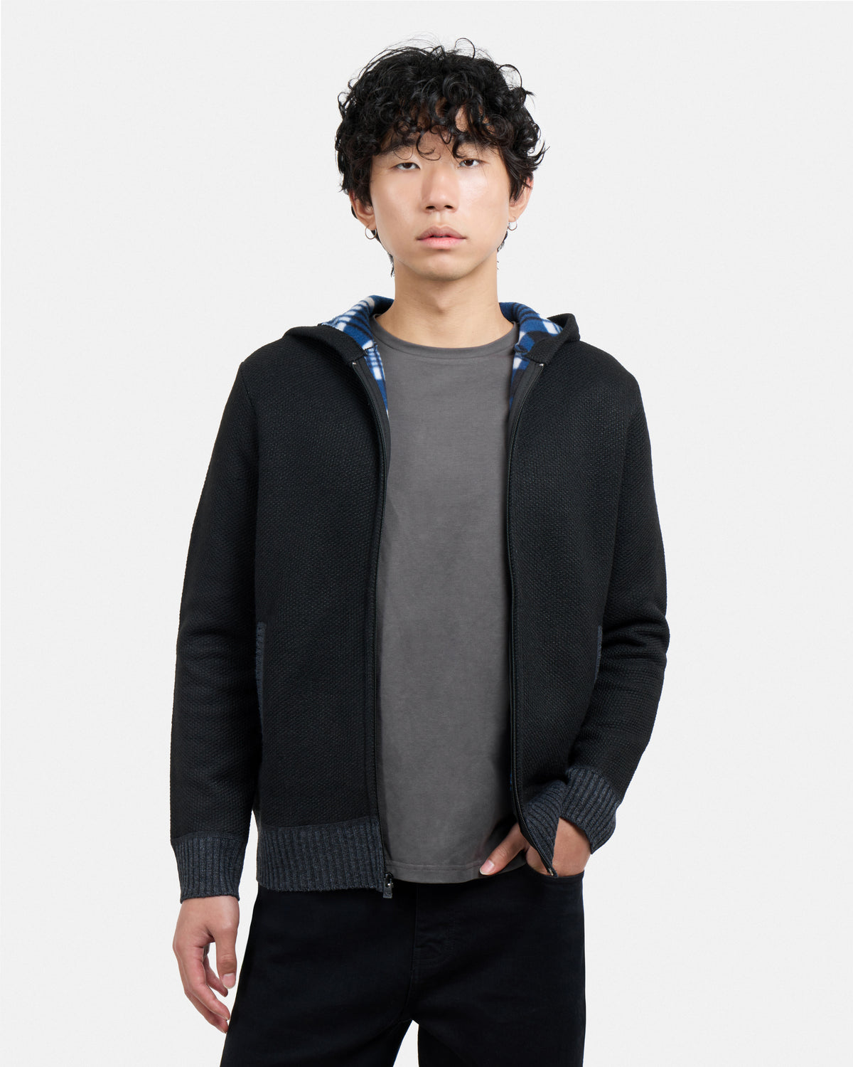 #XRSWM-34081 Fleece Lined Full Zip Knitted Hoodie Sweater
