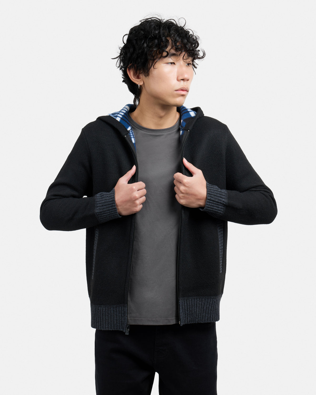 #XRSWM-34081 Fleece Lined Full Zip Knitted Hoodie Sweater-thumbmail-4
