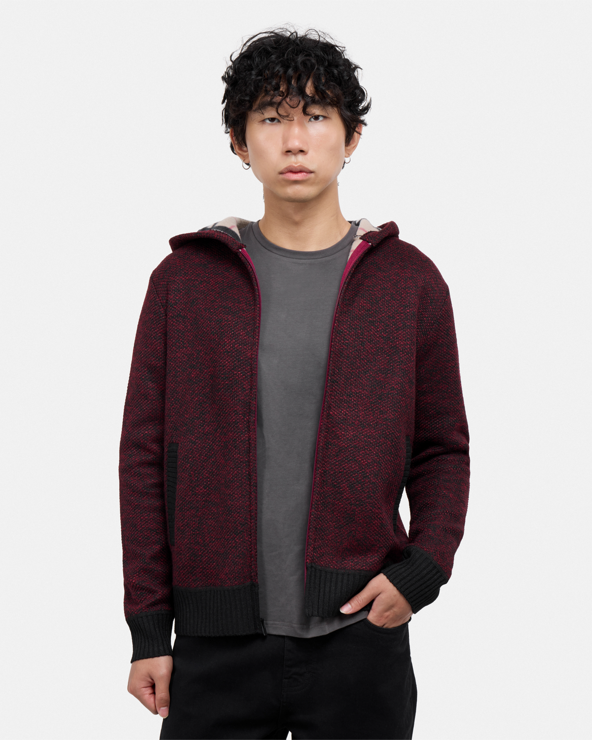 #XRSWM-34081 Fleece Lined Full Zip Knitted Hoodie Sweater-thumbmail-17