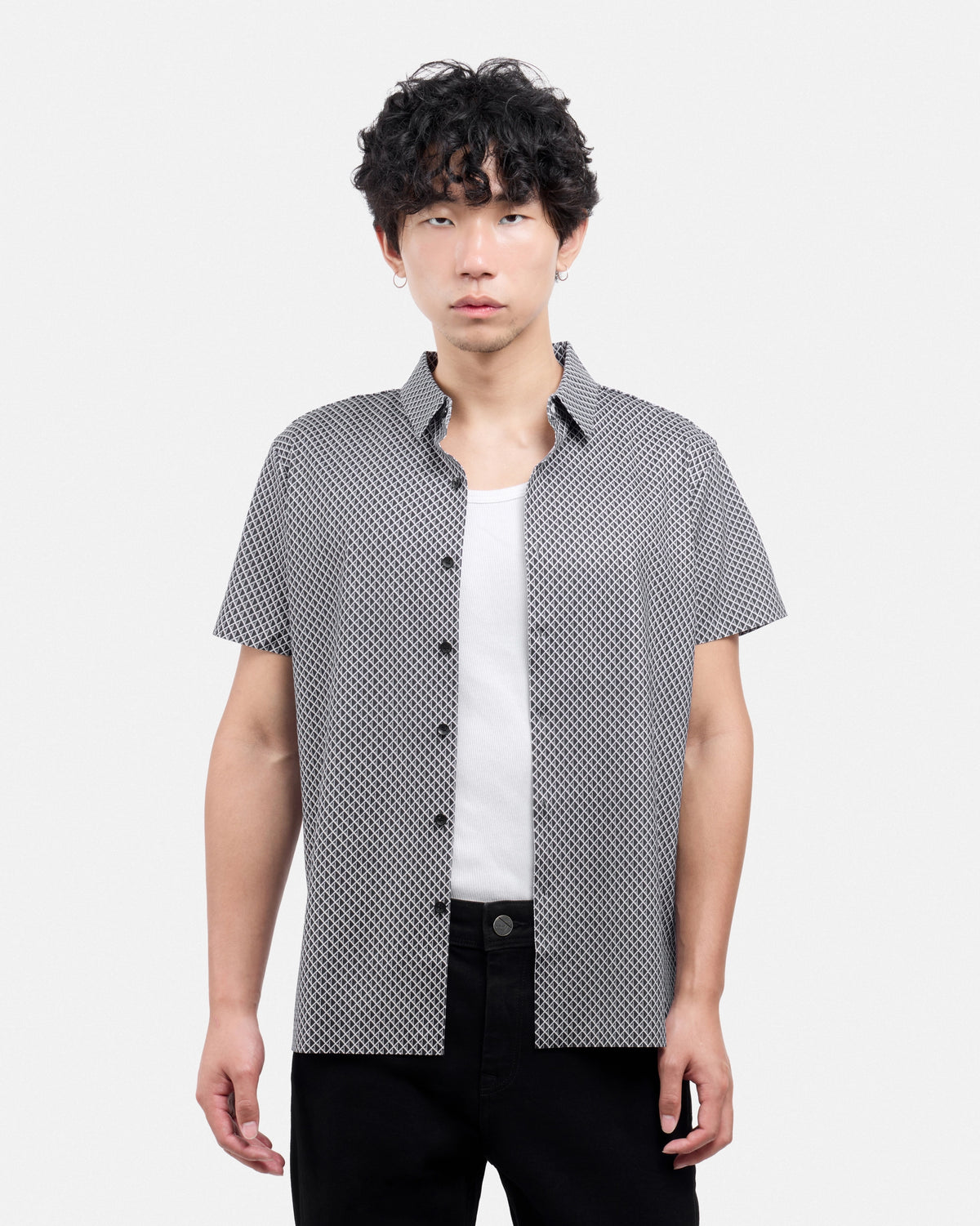 #XRTPM8101739 Diamond Line Printed Short Sleeve Button-Up Shirt-thumbmail-1