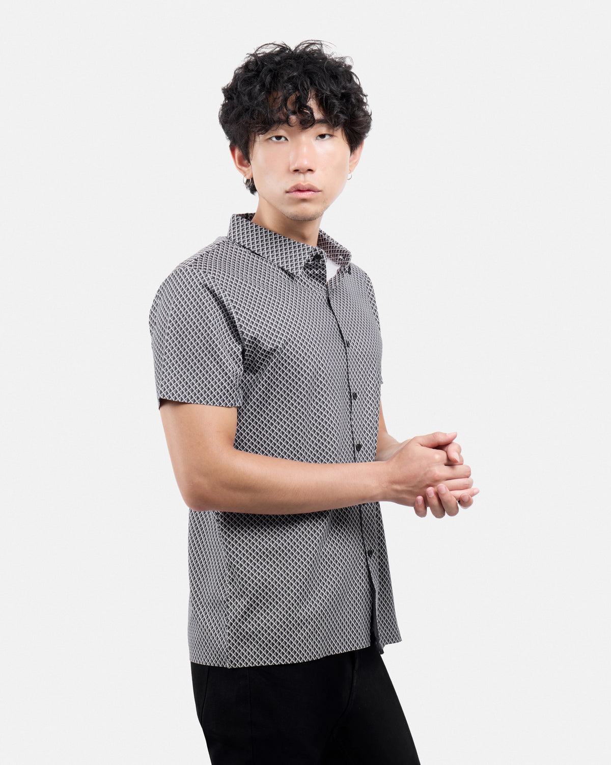 #XRTPM8101739 Diamond Line Printed Short Sleeve Button-Up Shirt-thumbmail-3