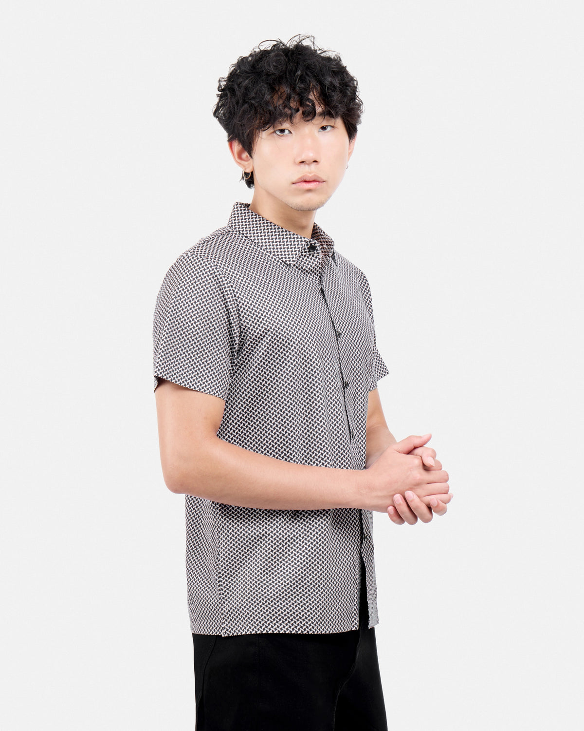 #XRTPM8101740 Herringbone Printed Short Sleeve Button-Up Shirt-thumbmail-3